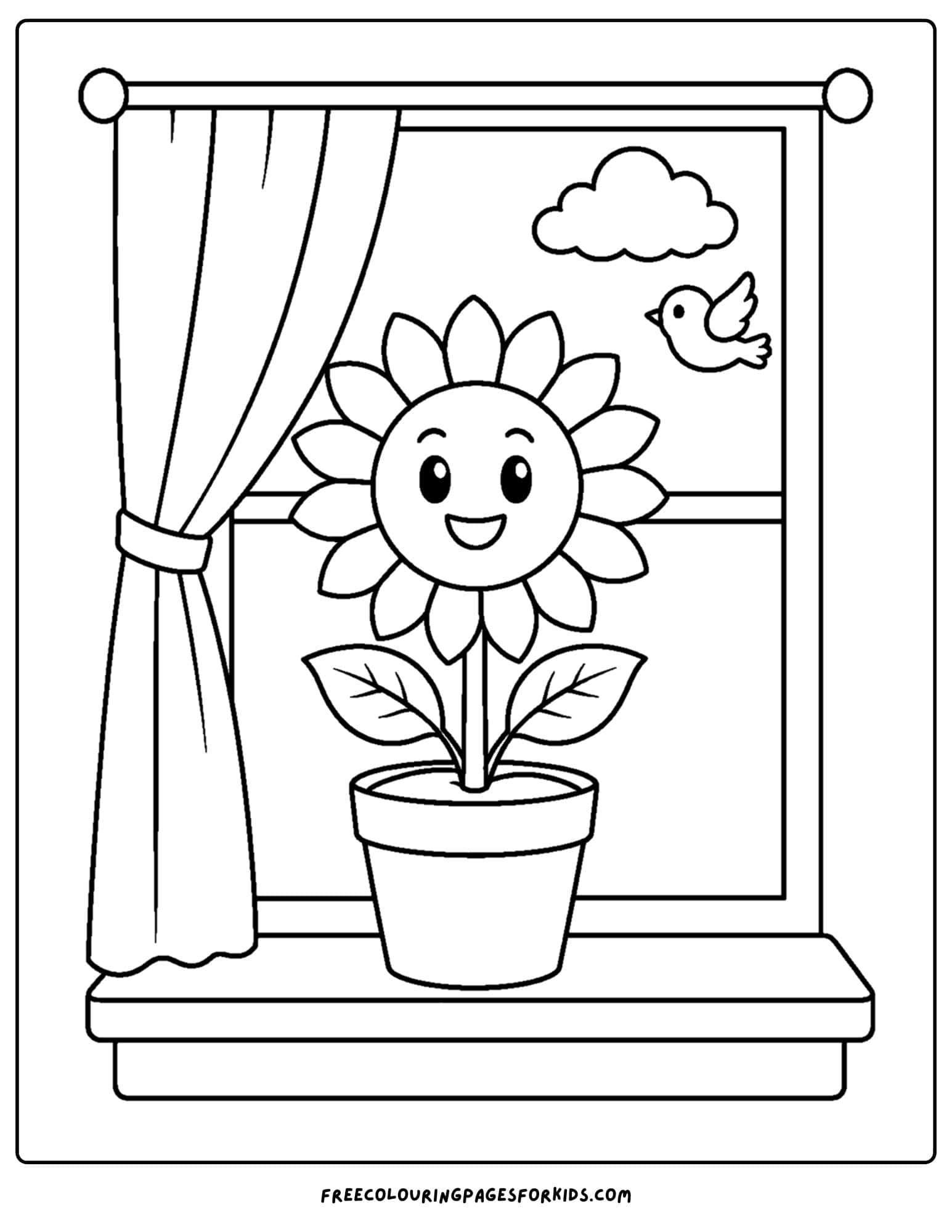 a coloring page of a sunflower in a flowerpot in a window