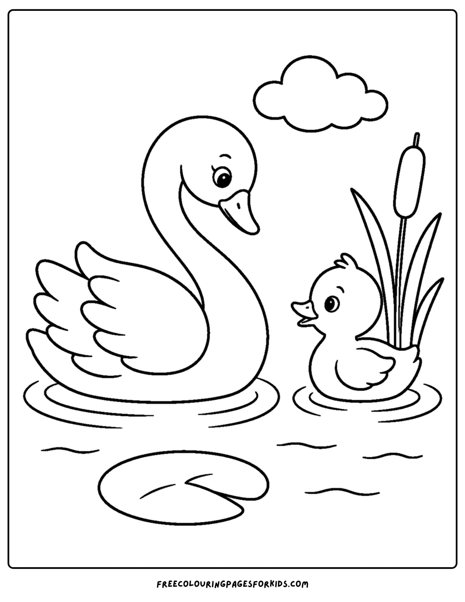 a coloring page of a swan and a baby cygnet