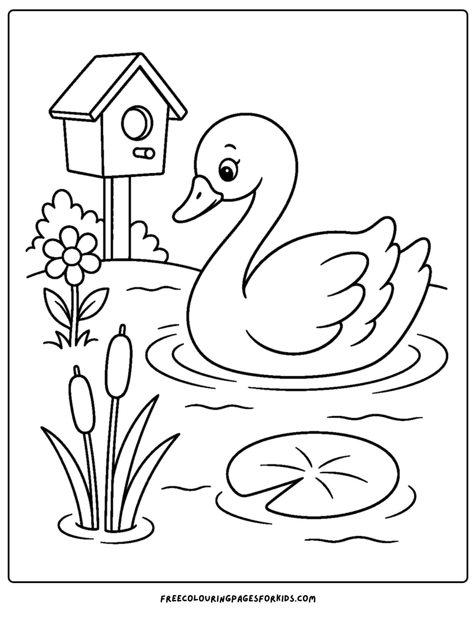 a coloring page of a swan and a birdhouse in the background
