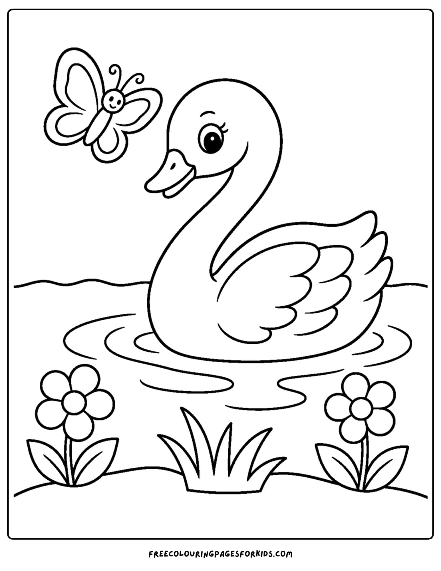 a coloring page of a swan on the lake with a butterfly above
