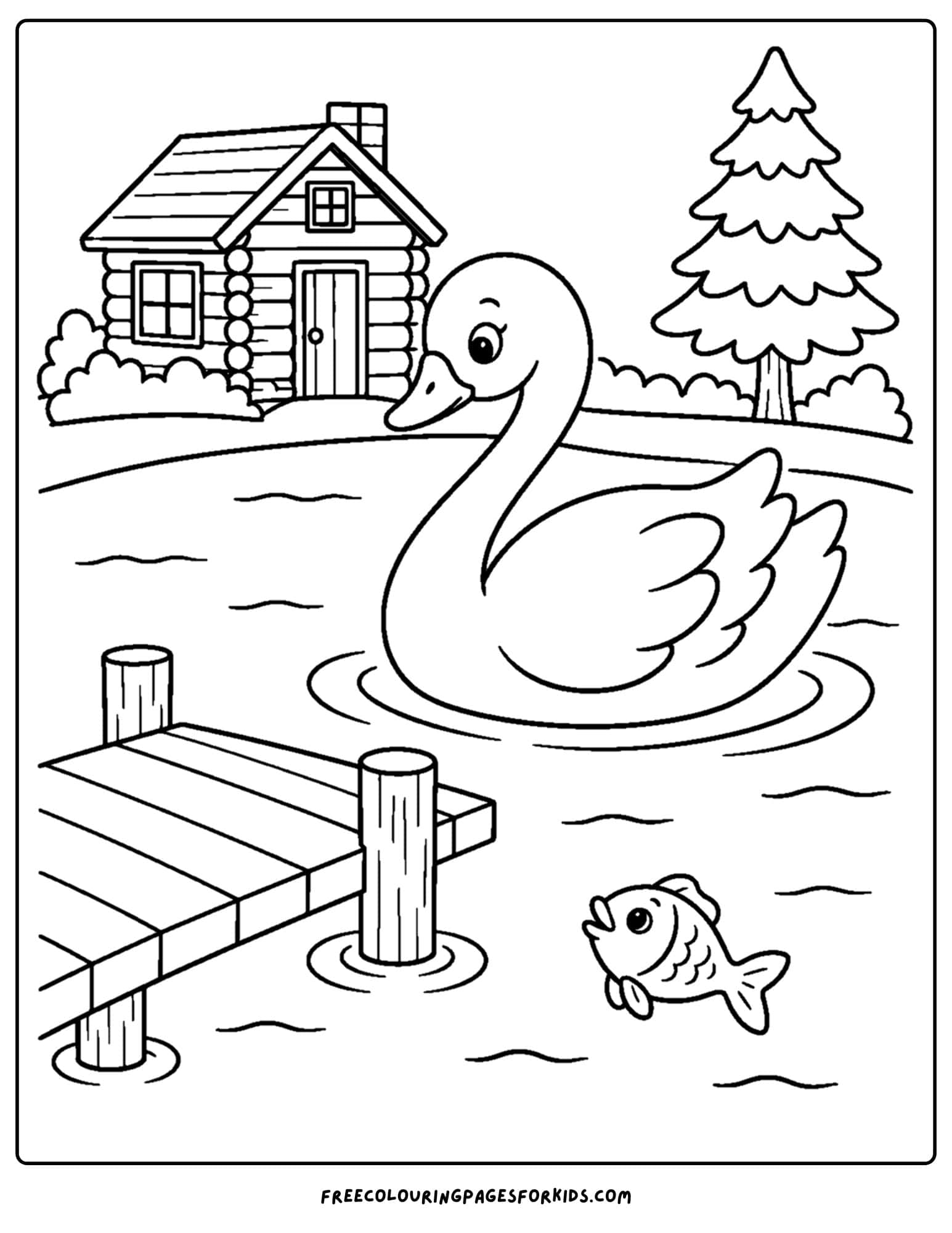 a coloring page of a swan floating in front of a cabin on a lake