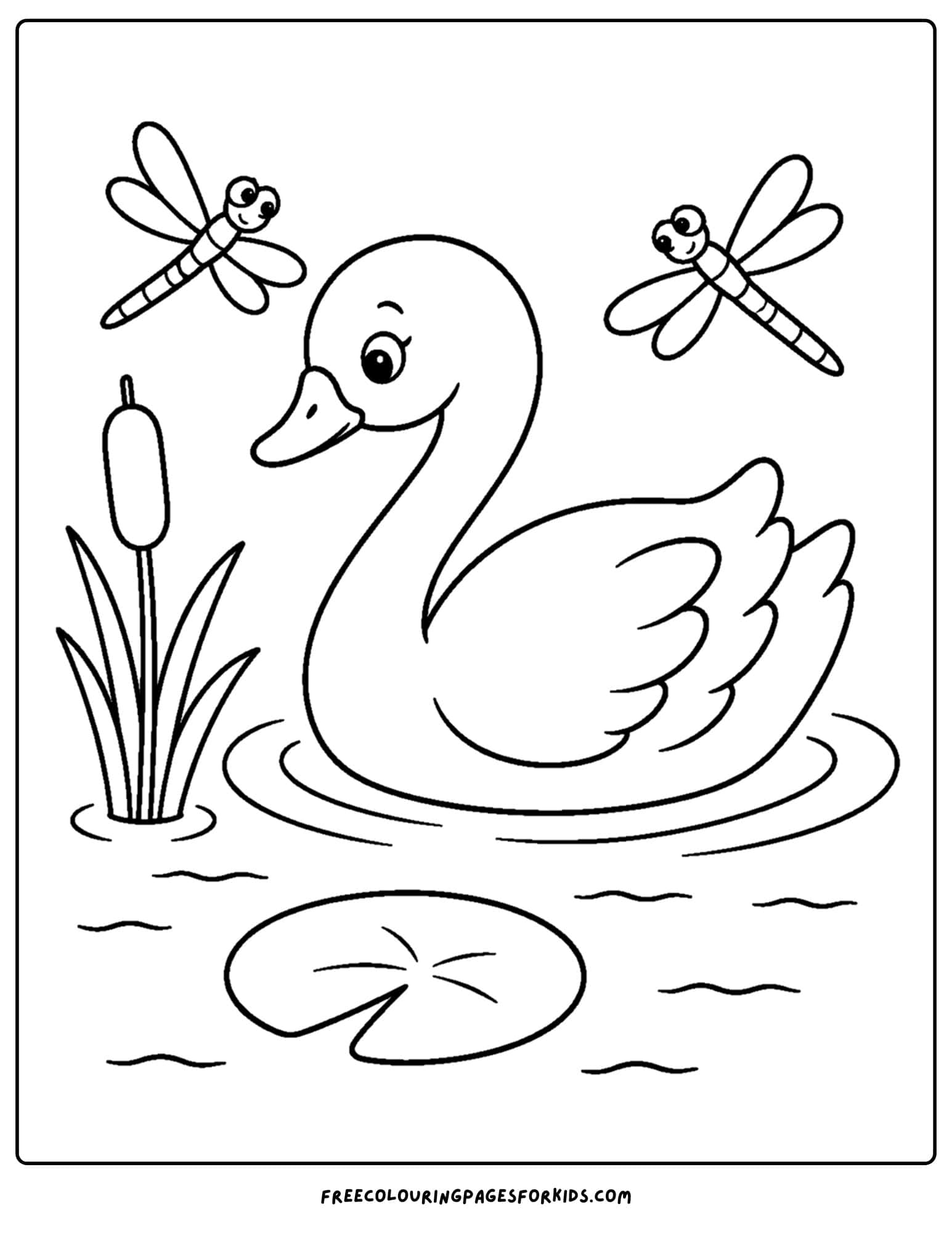 a coloring page of a swan with dragonflies above