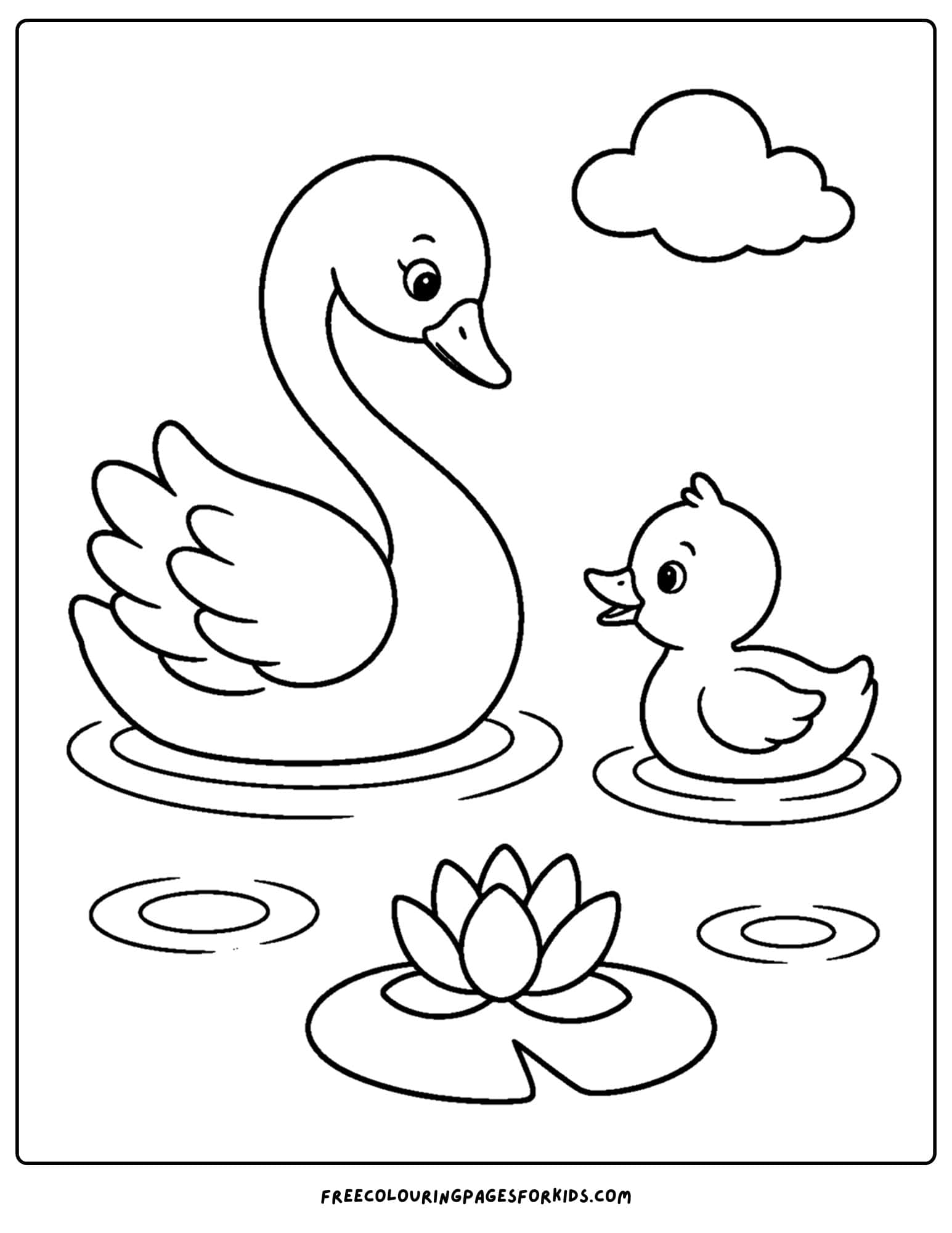 a coloring page of a swan with a duck