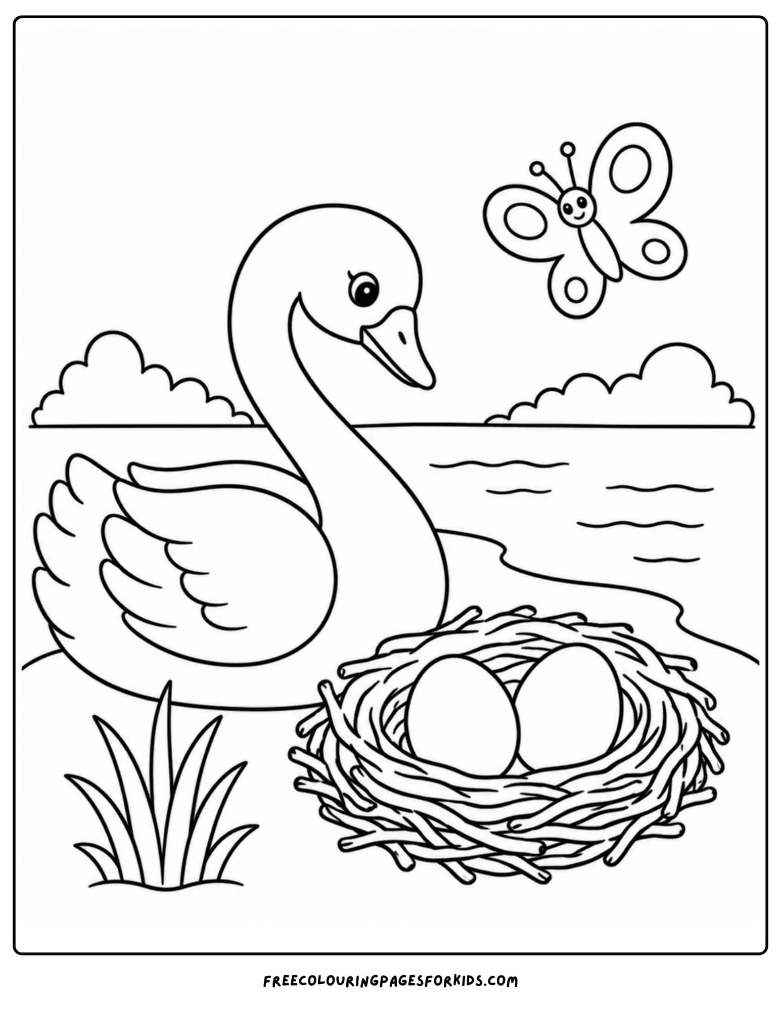 a coloring page of a swan next to a nest with eggs