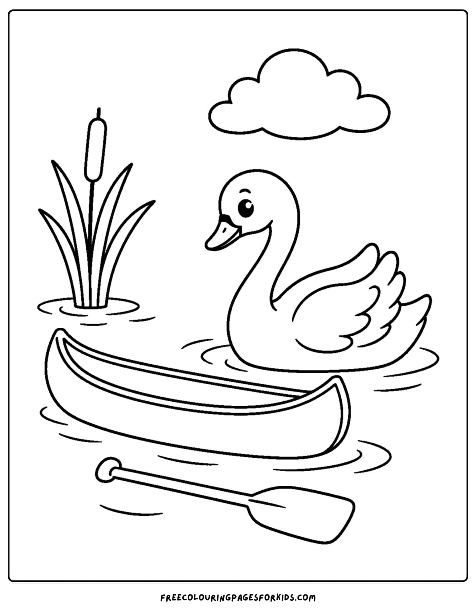 a coloring page of a swan and a canoe on a lake