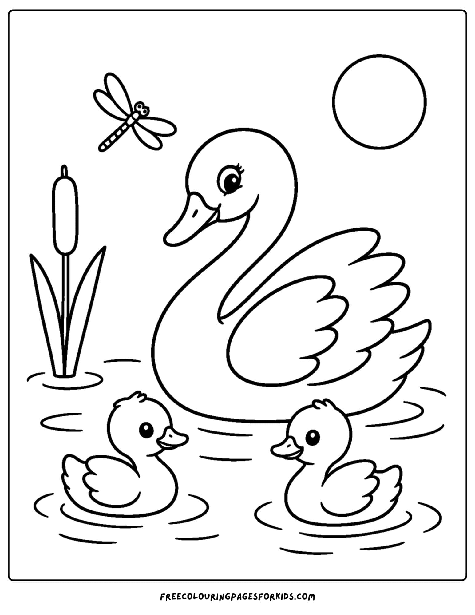 a coloring page of a swan and family on the lake