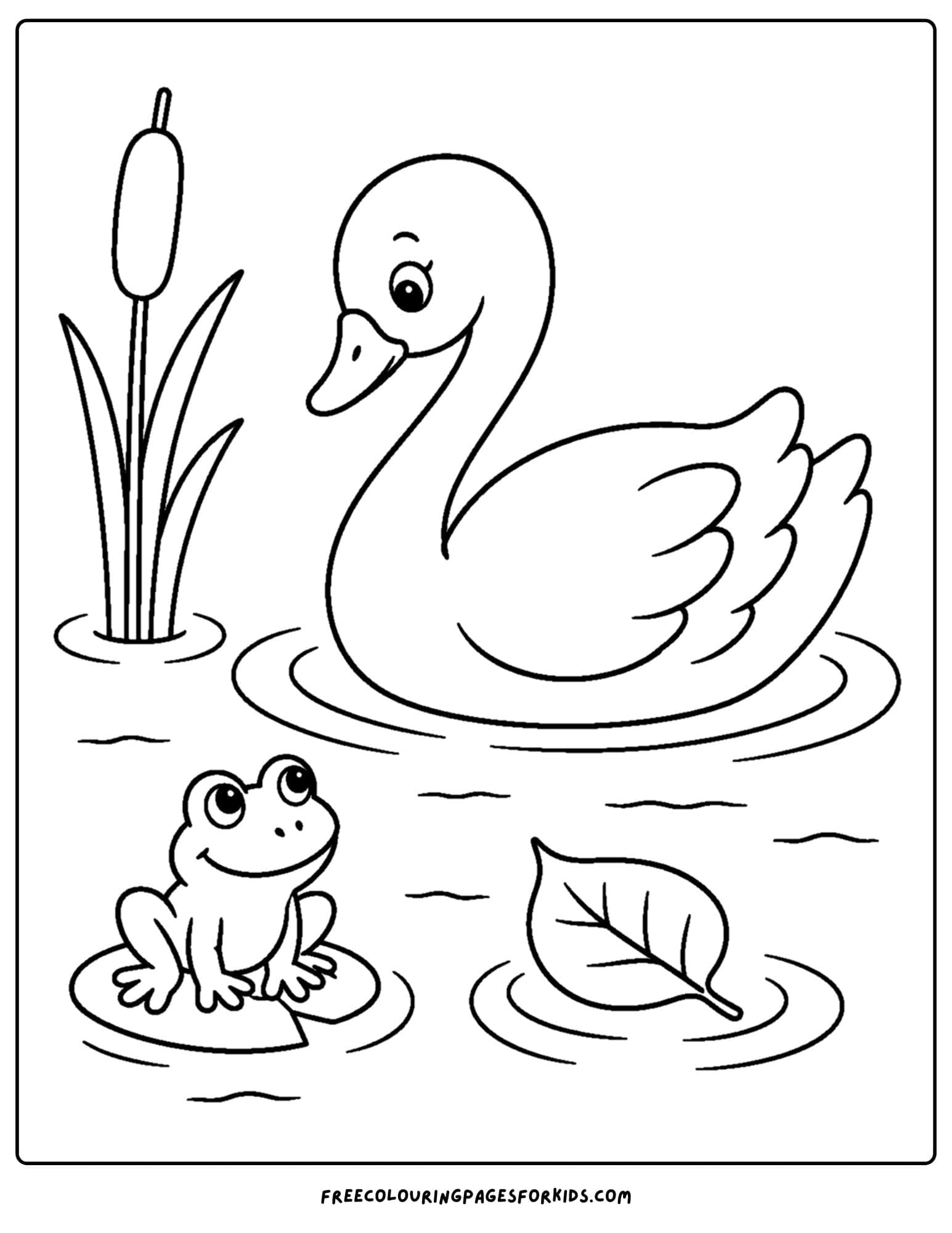 a coloring page of a swan with a leaf floating in the water nearby