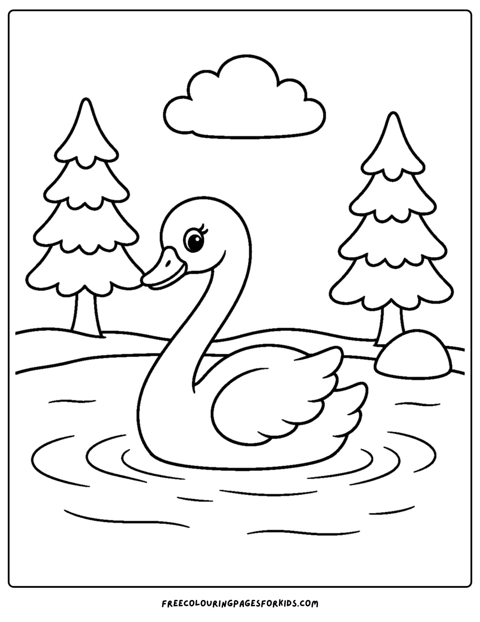 a coloring page of a swan floating on a lake in a forest