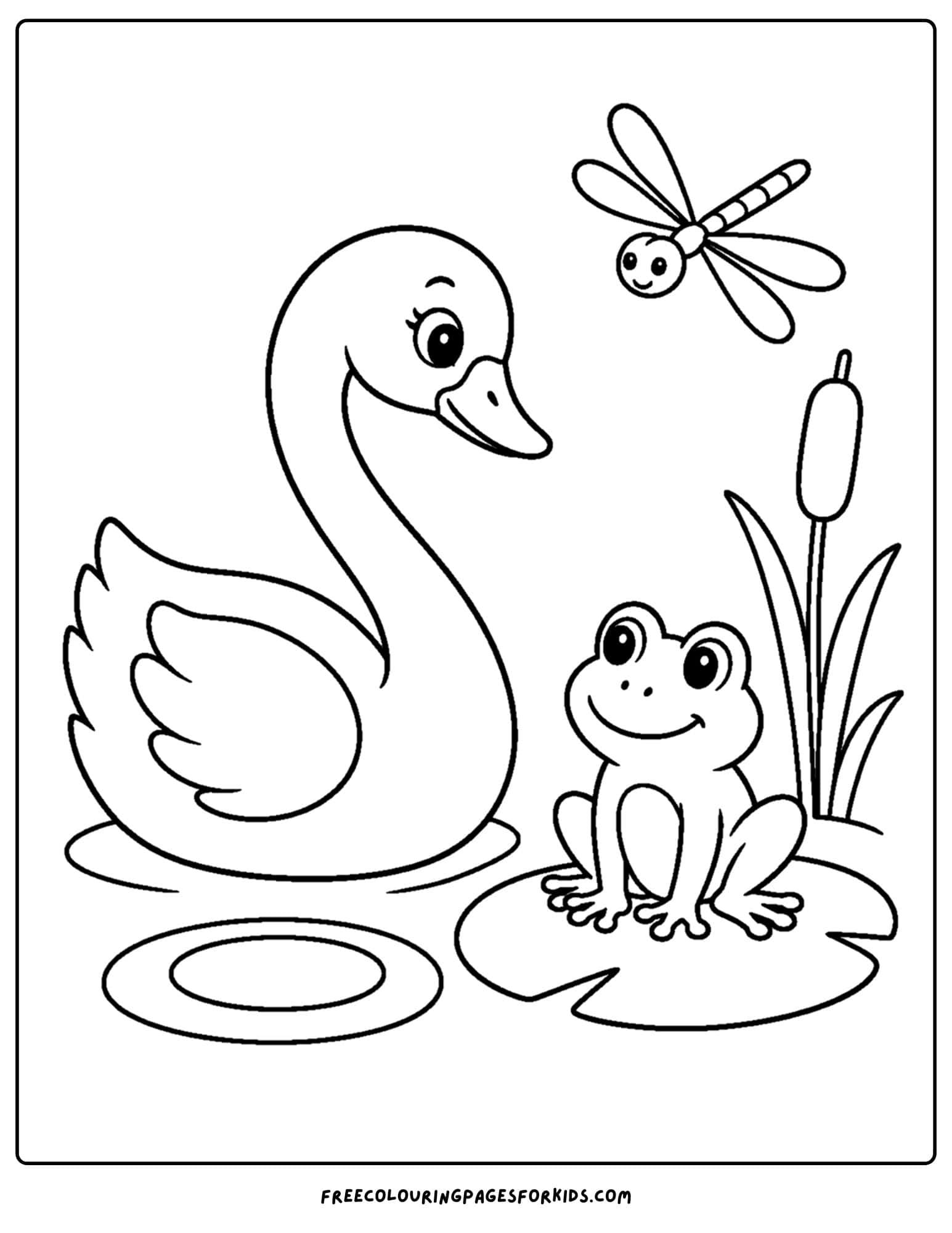 a coloring page of a swan with a friendly frog