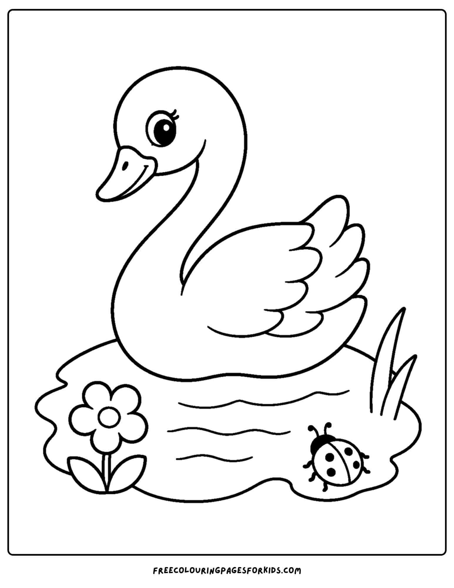 a coloring page of a swan with a ladybug and a flower