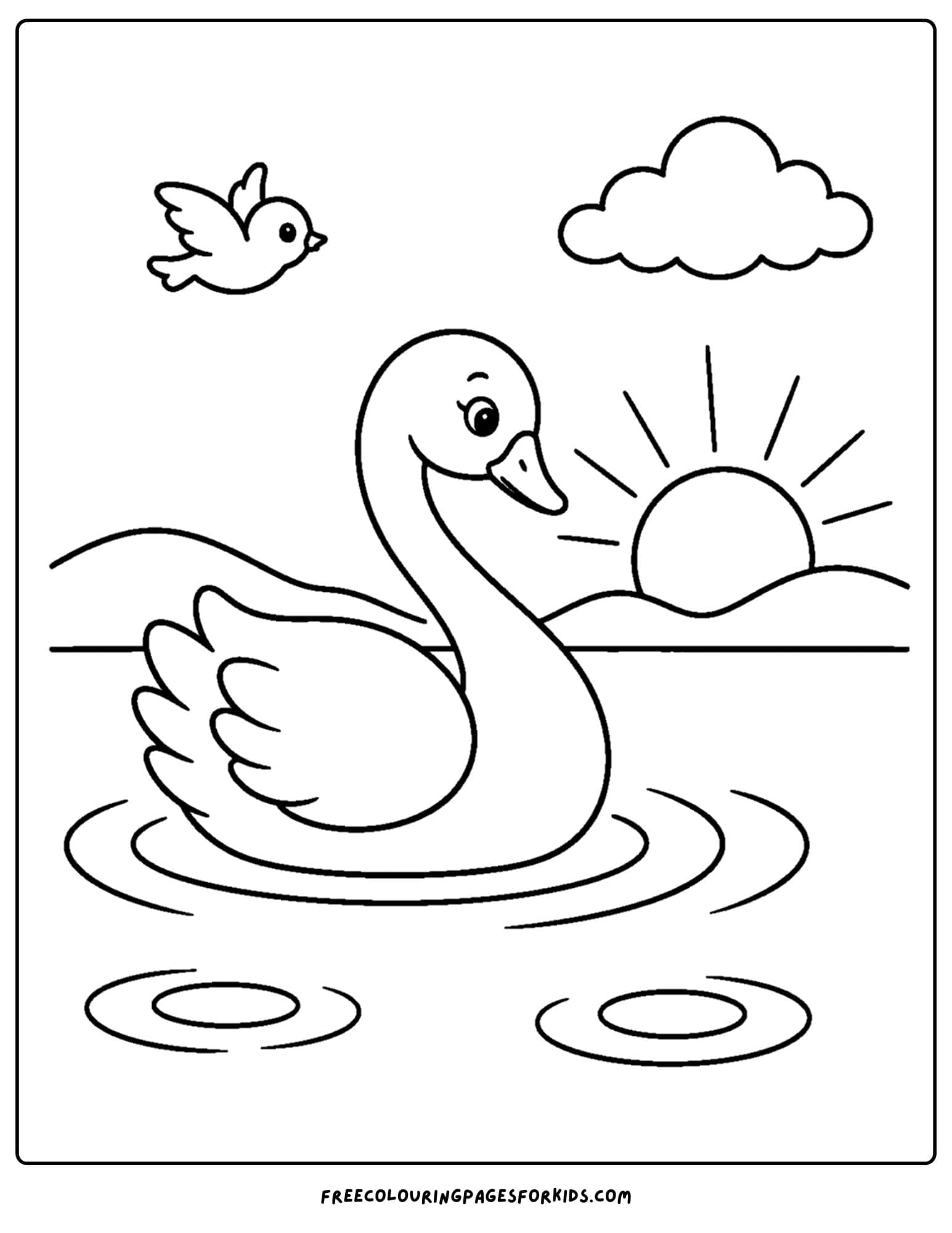 a coloring page of a swan on a lake at sunrise