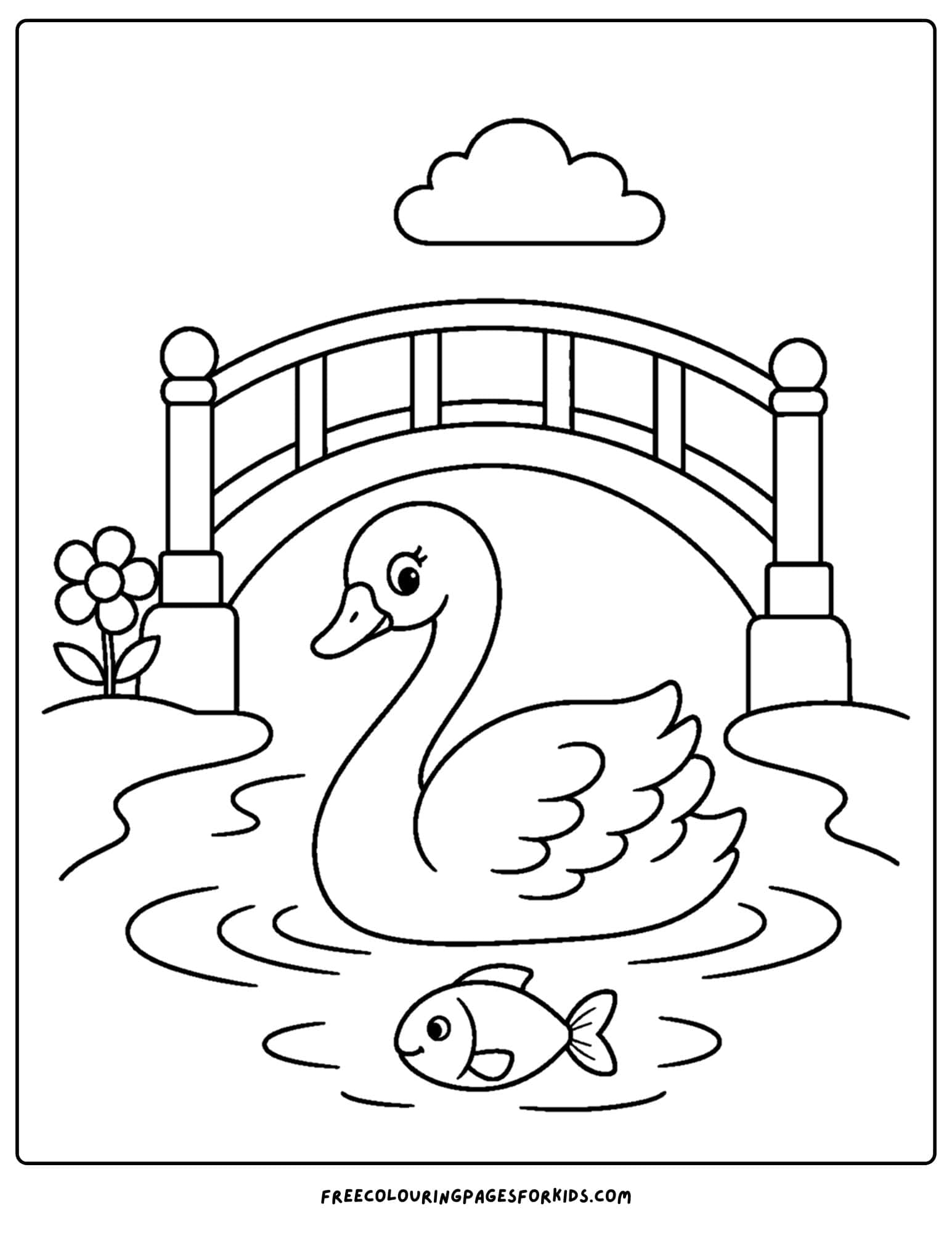 a coloring page of a swan swimming under a bridge