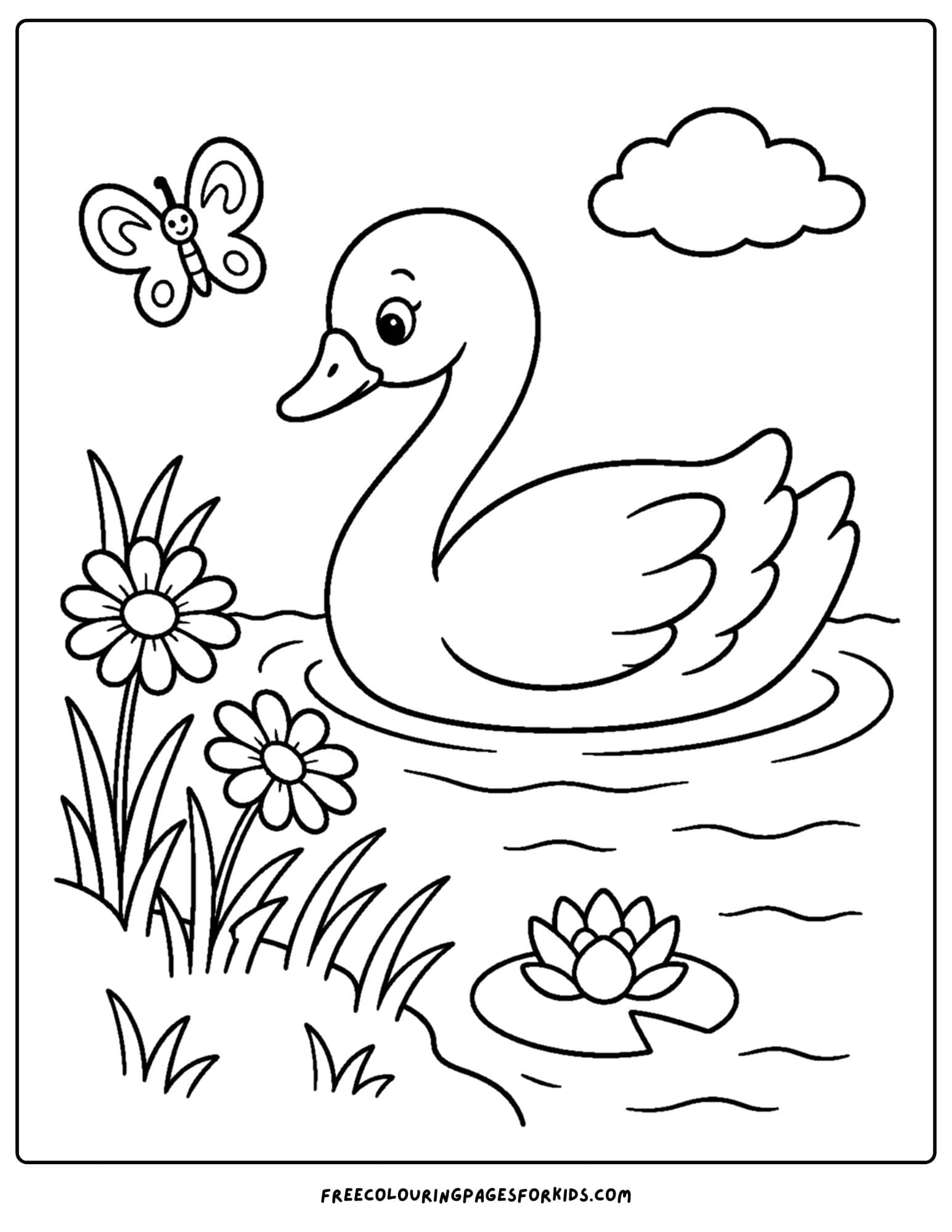 a coloring page of a swan on a pond next to a flower meadow