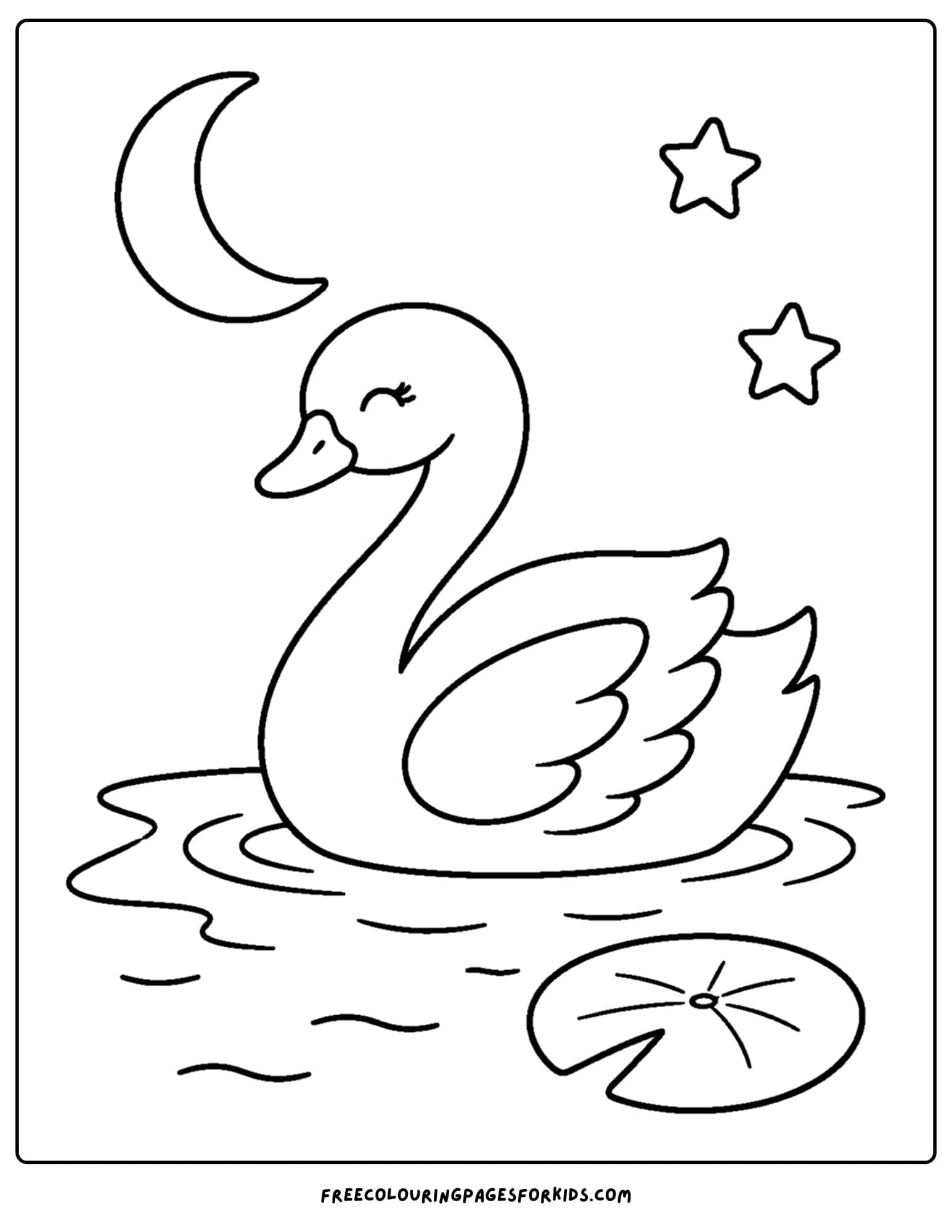 a coloring page of a swan sleeping under the moonlight