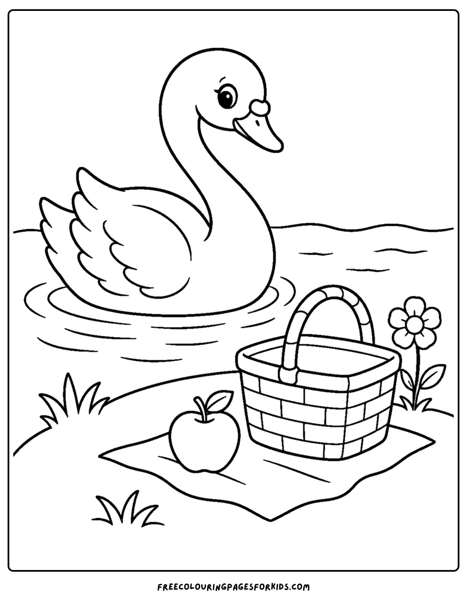 a coloring page of a swan on a lake next to a picnic on the shore