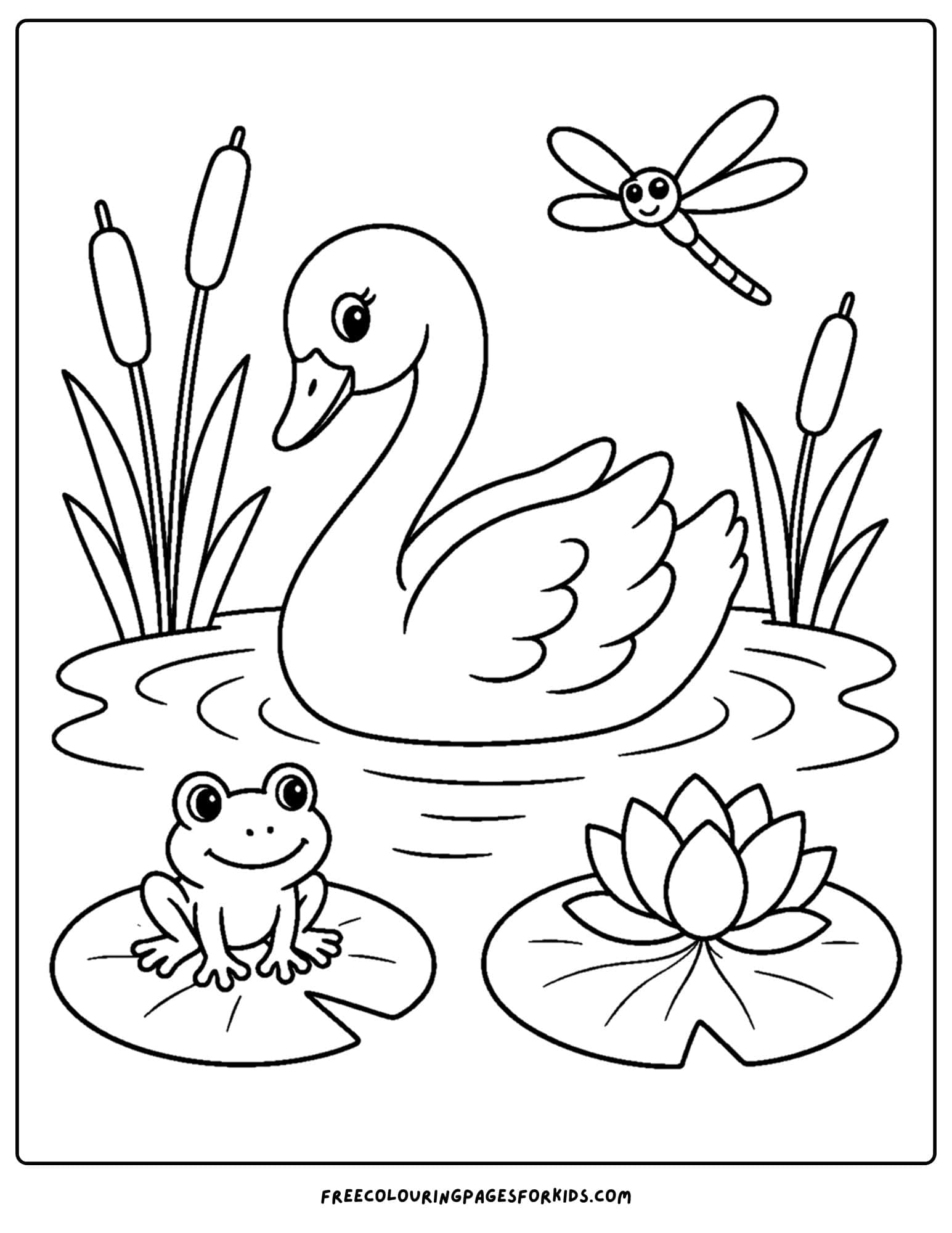 a coloring page of a swan on a pond with a frog and dragonfly
