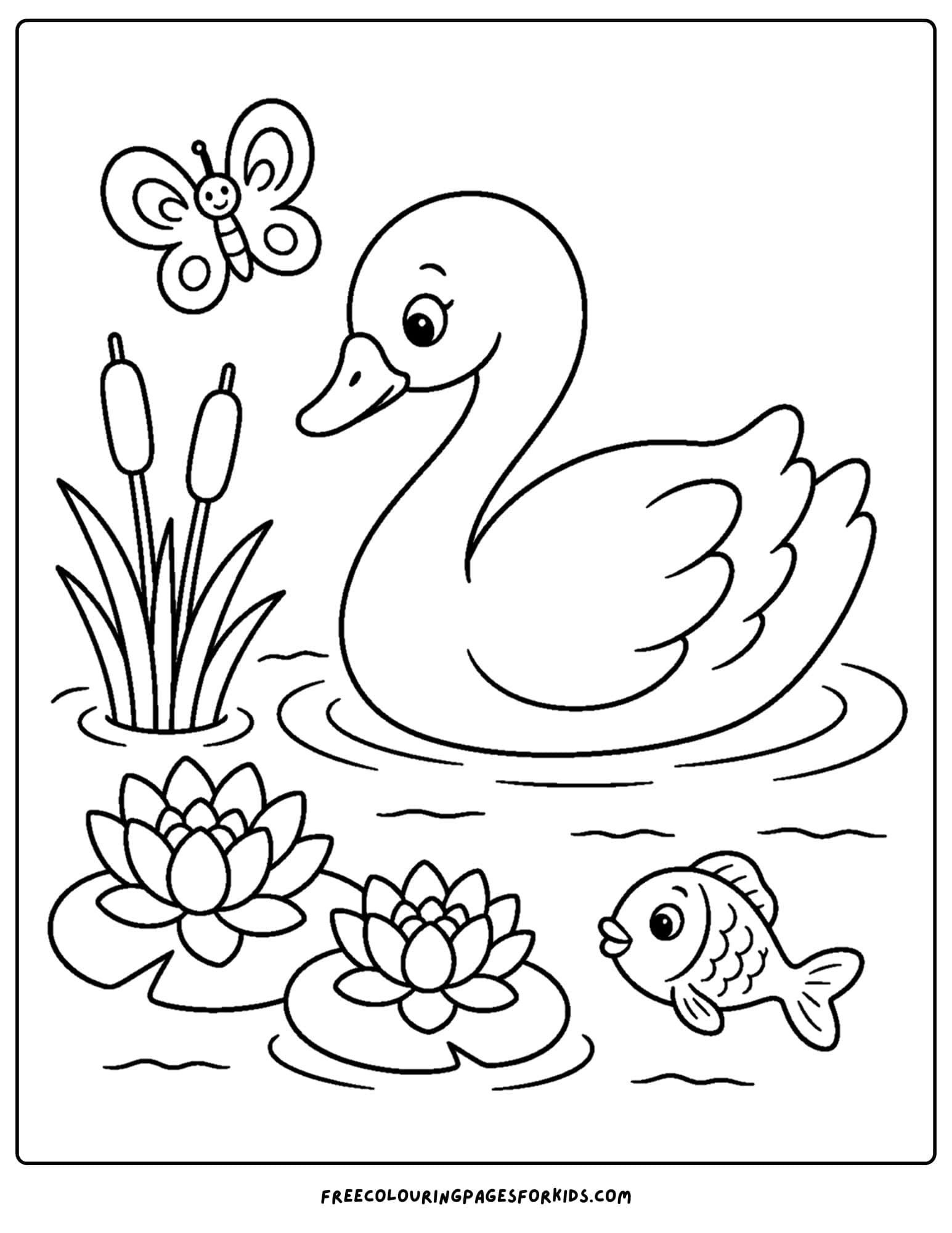 a coloring page of a swan on a pond with a butterfly