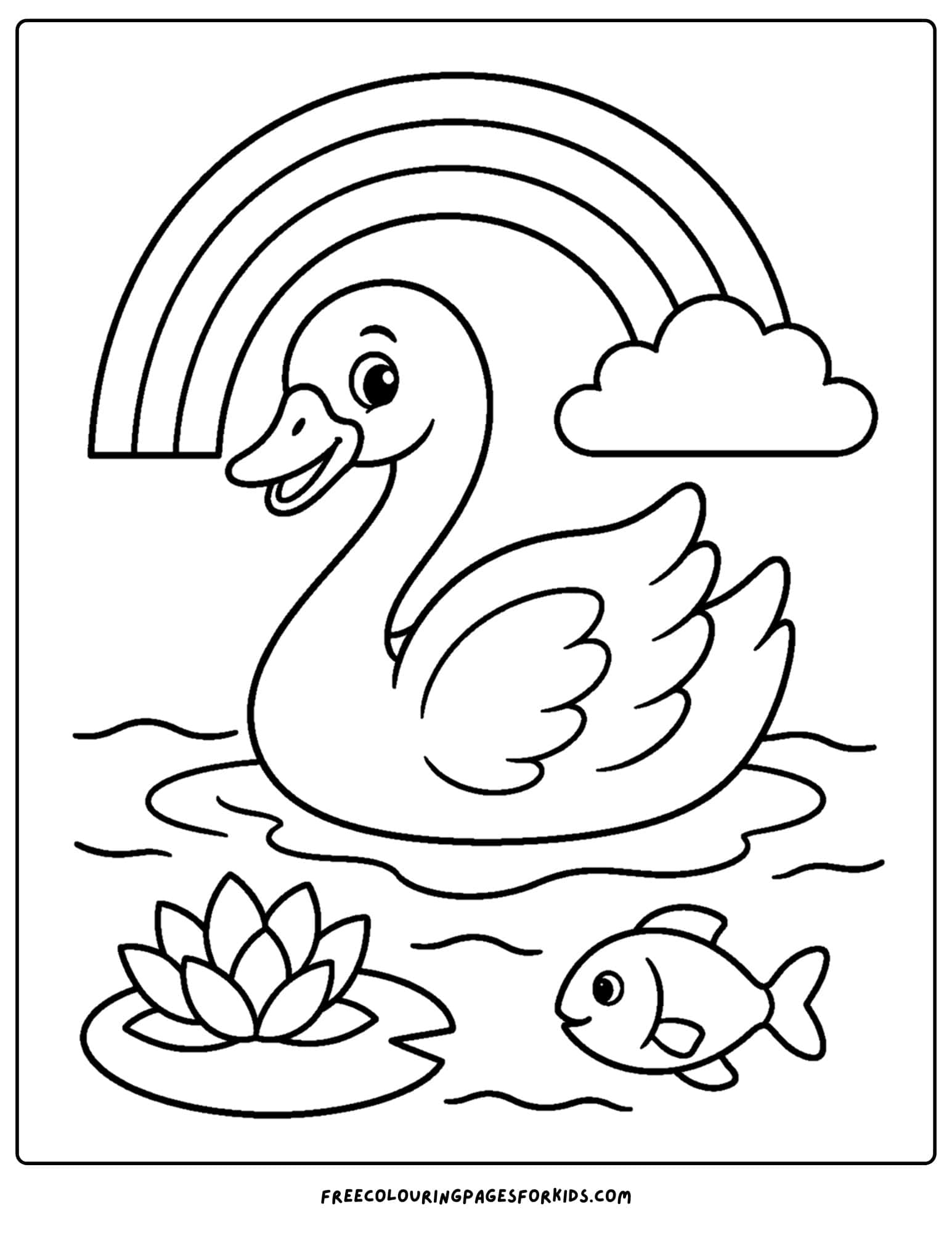 a coloring page of a swan with a rainbow in the sky