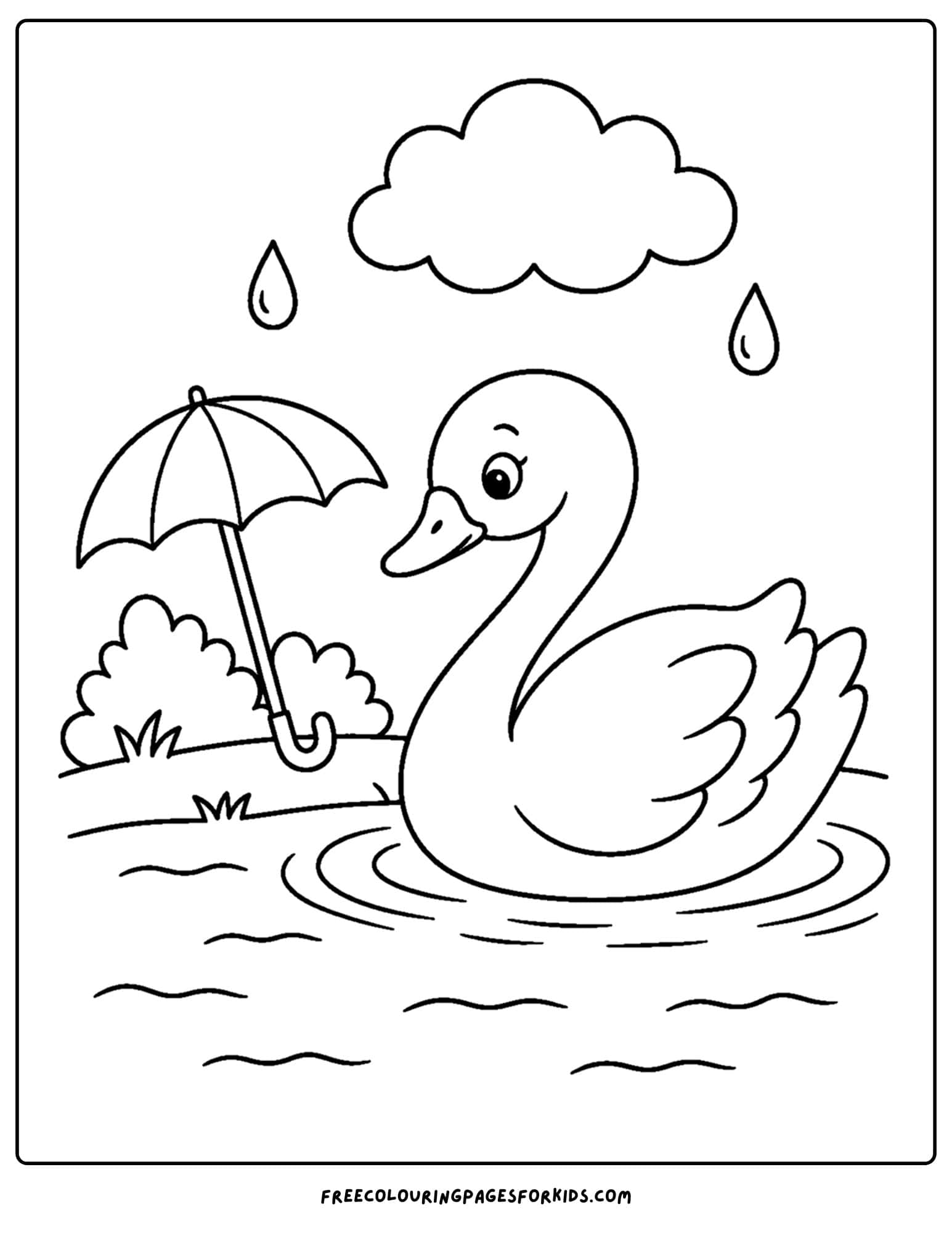 a coloring page of a swan swimming on a rainy lake day