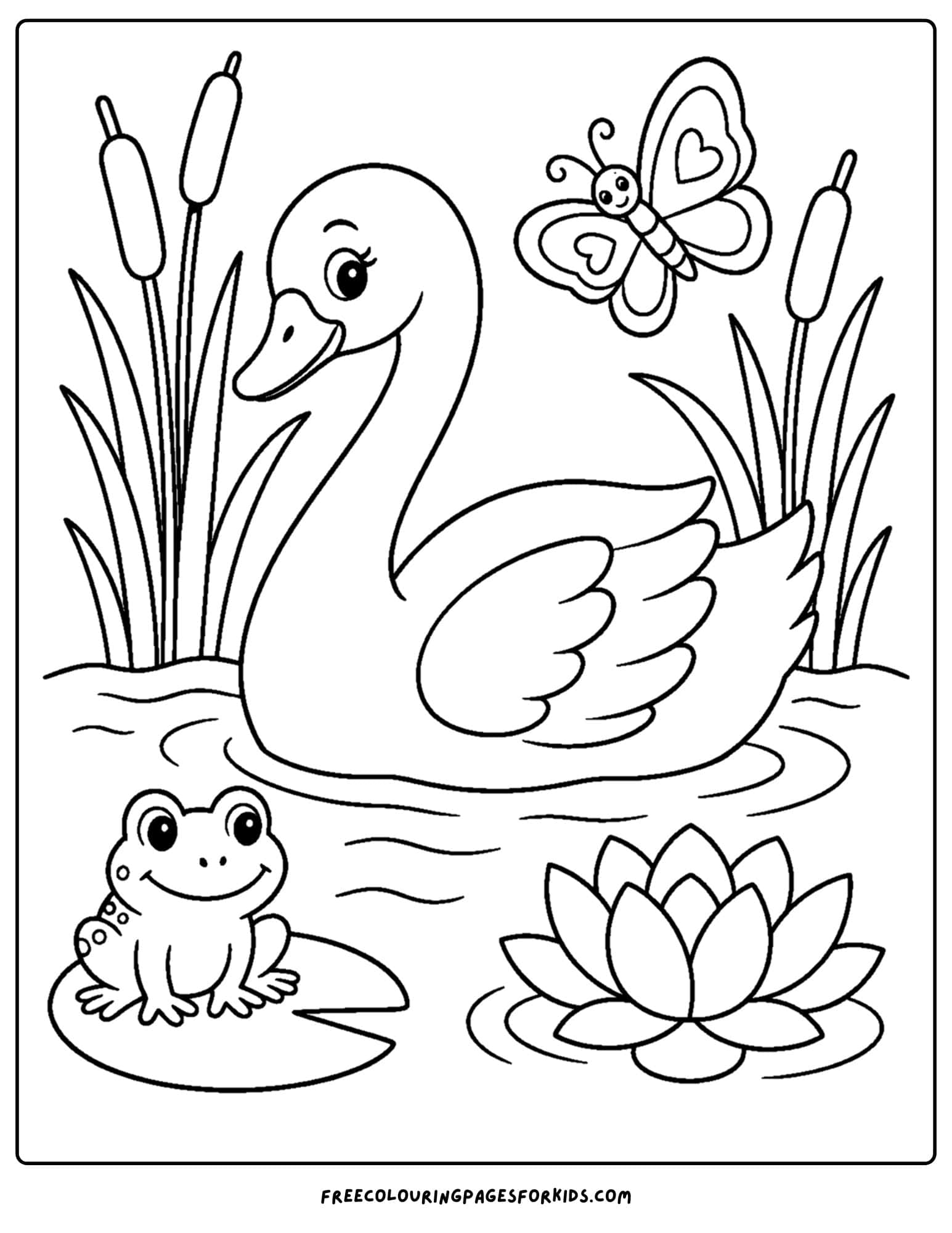 a coloring page of a swan beside some reeds and a frog