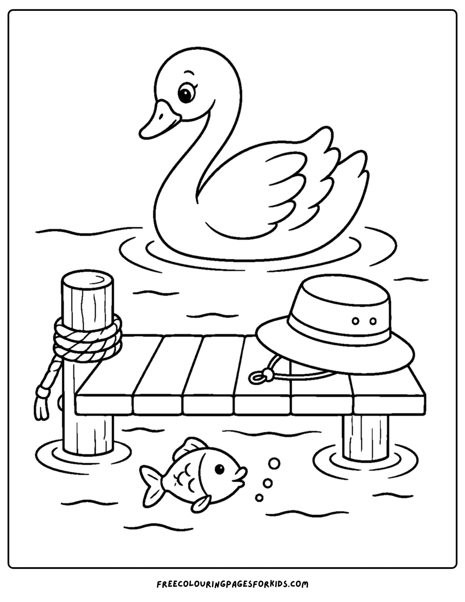 a coloring page of a swan floating past a dock on a lake