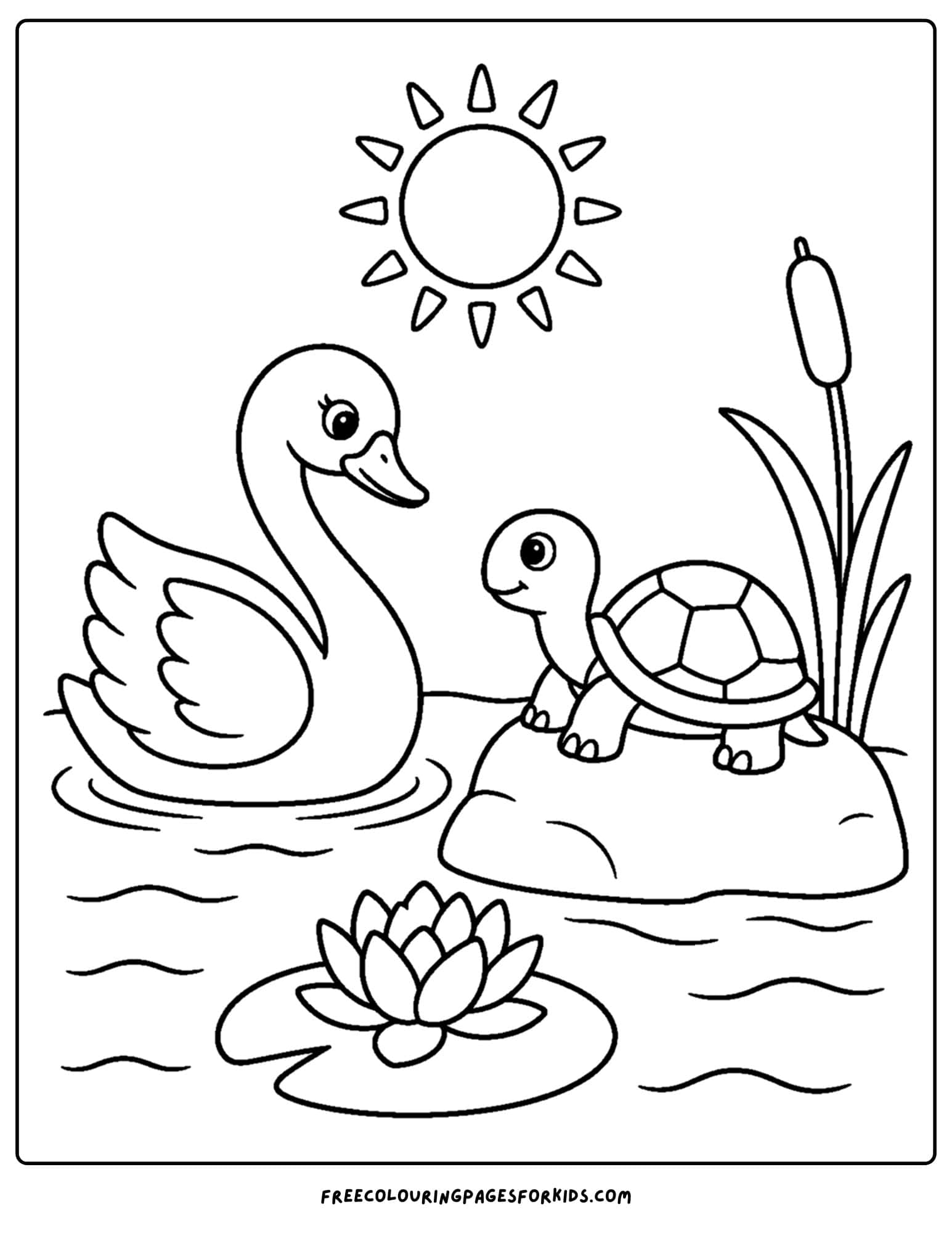 a coloring page of a swan looking at a turtle on a rock