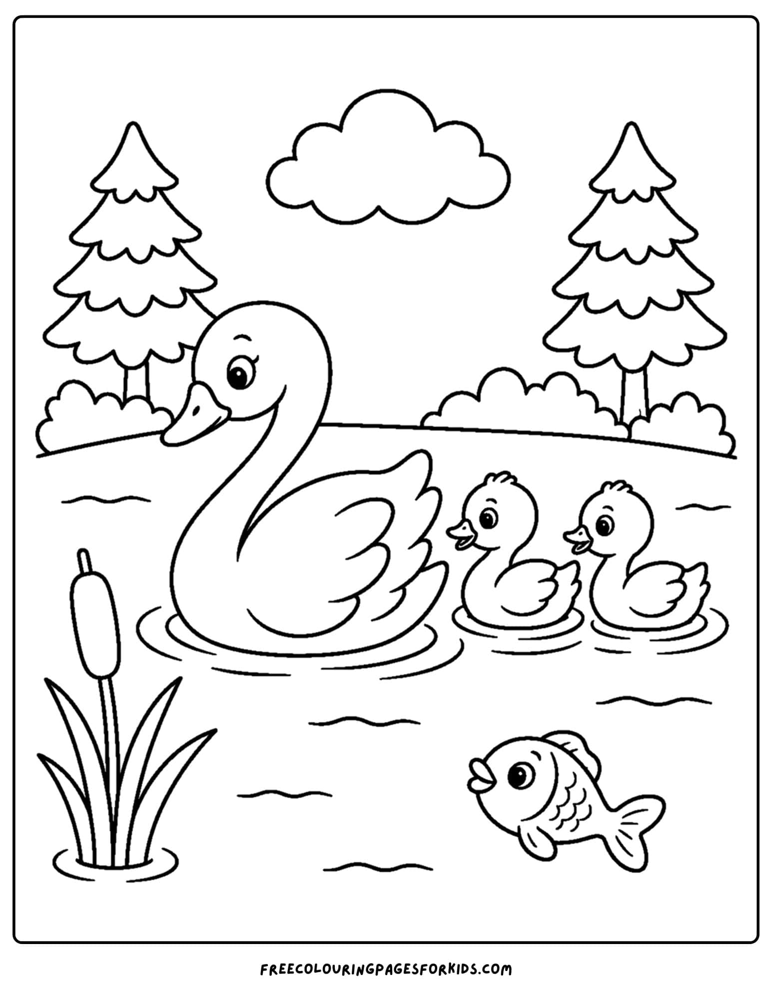 a coloring page of a swan and its baby cygnets