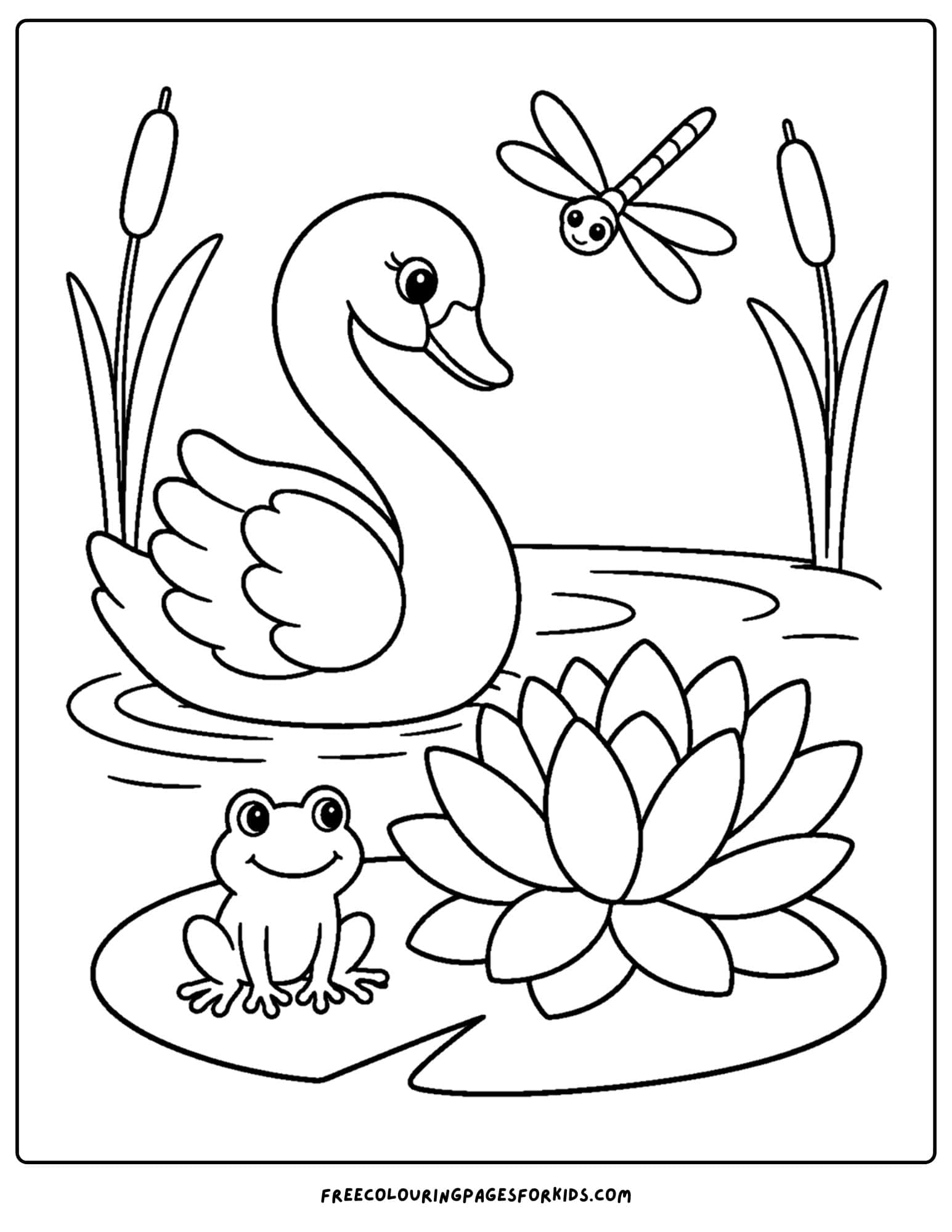 a coloring page of a swan with a frog and a lillypad