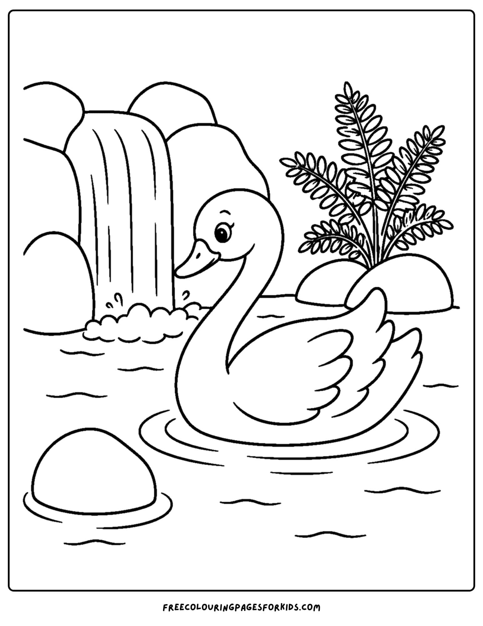 a coloring page of a swan beside a waterfall