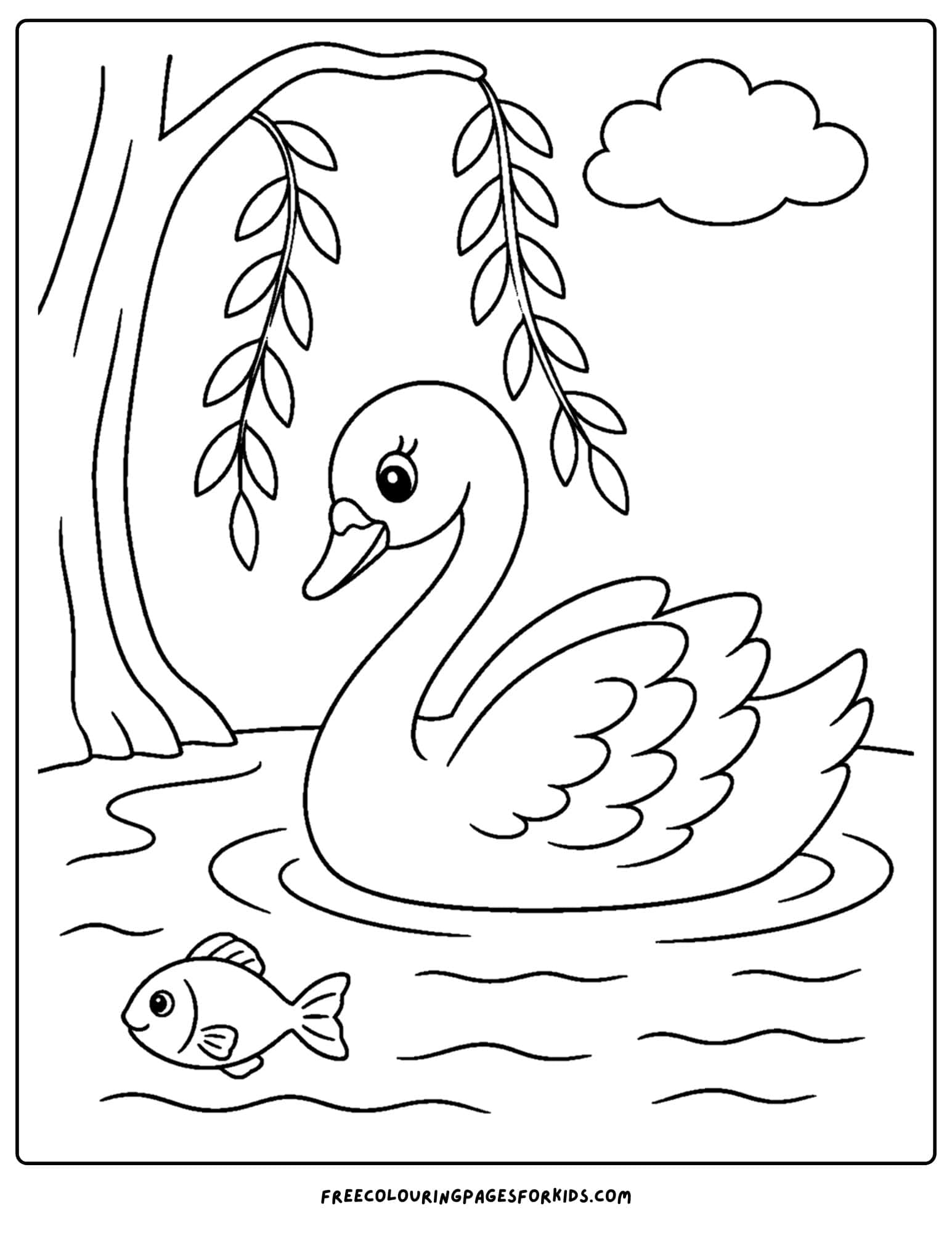 a coloring page of a swan swimming below a willow tree
