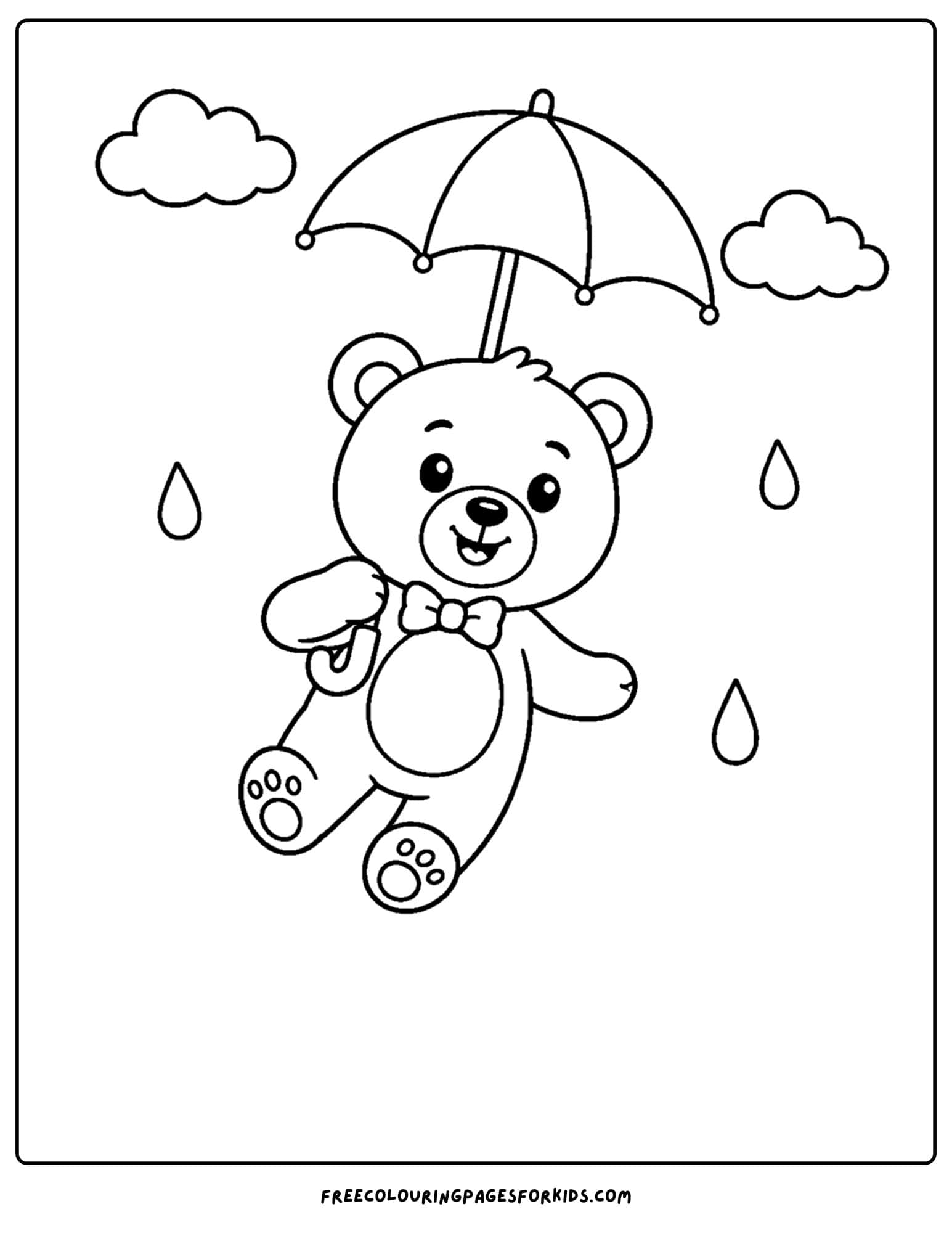 a whimsical coloring page of a bear floating away with an umbrella