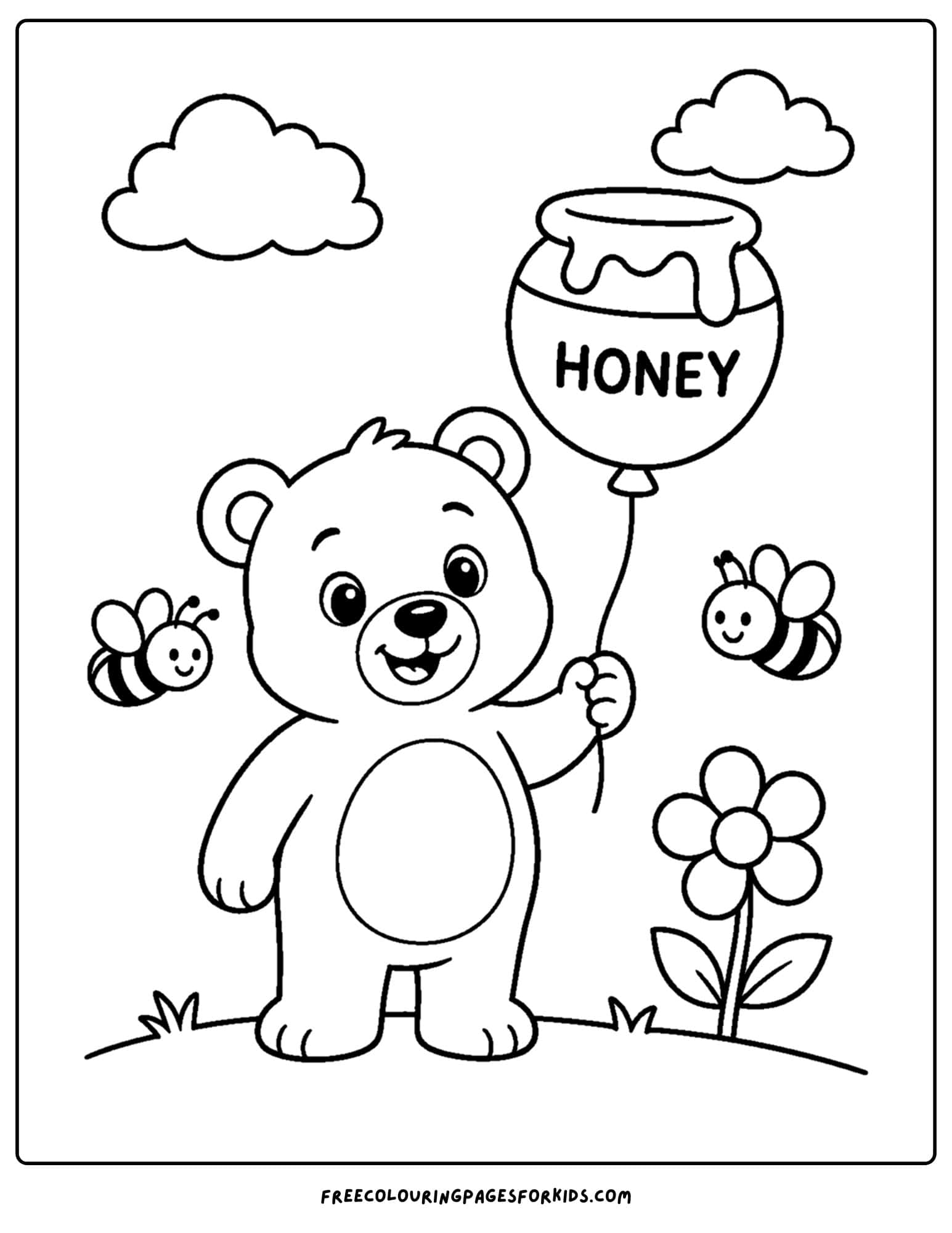 a whimsical coloring page of a bear holding a honey kite