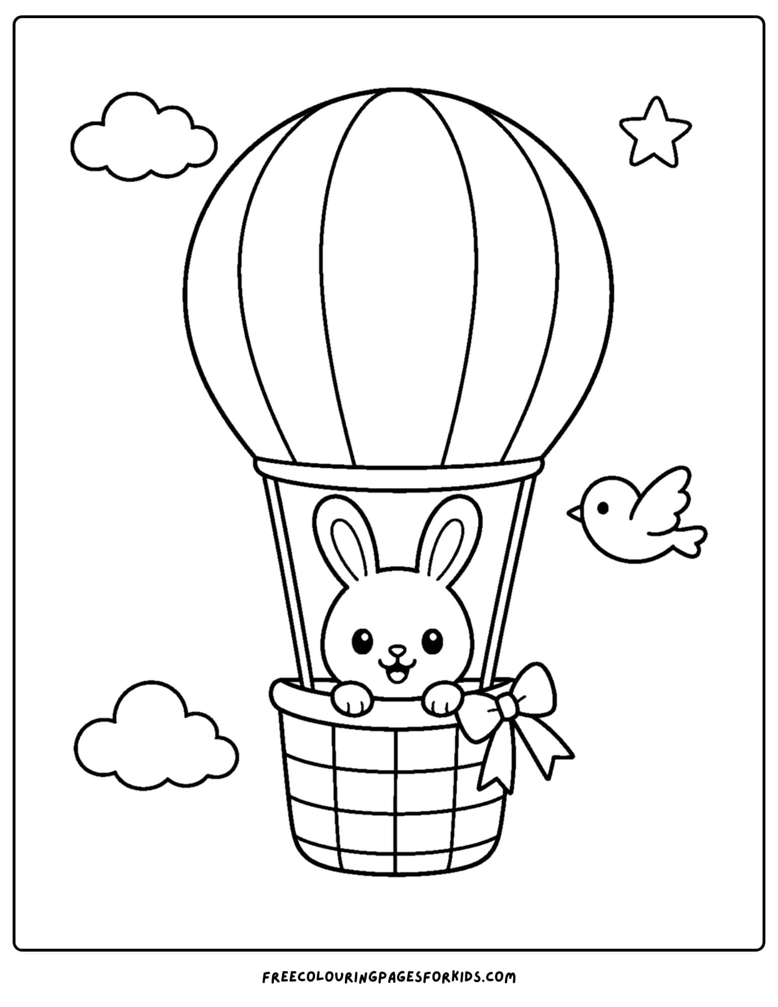 a whimsical coloring page of a bunny in a hot air balloon
