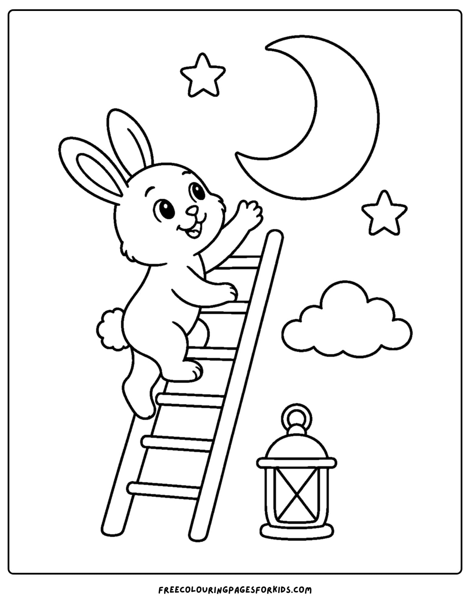 a whimsical coloring page of a bunny climbing up to the moon