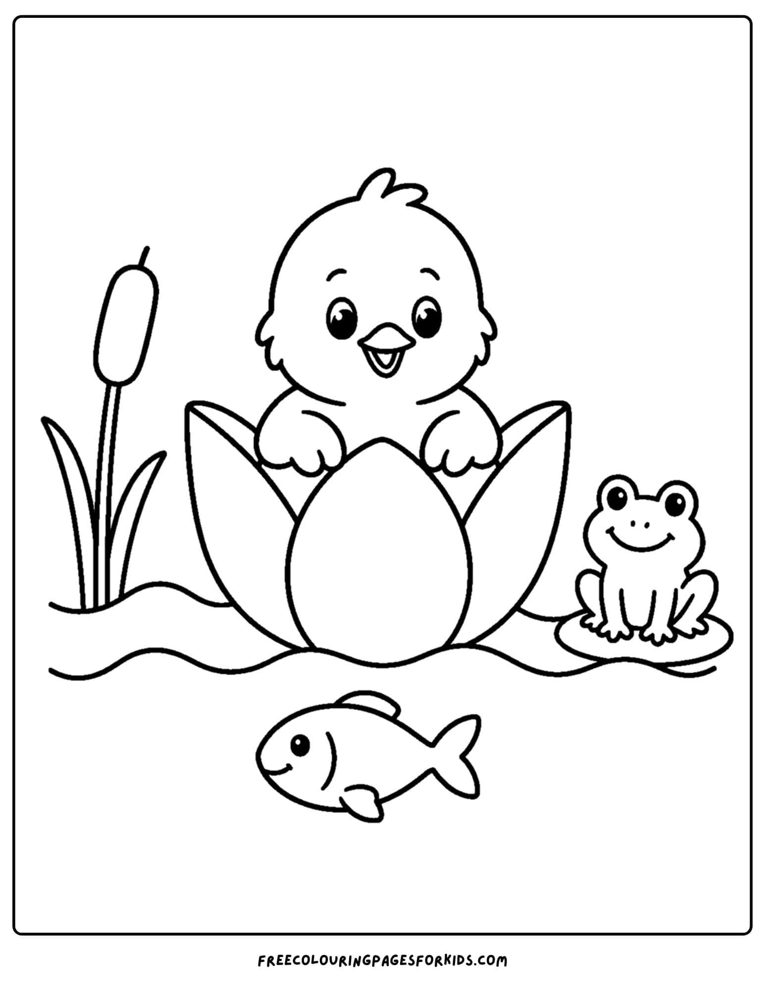 a whimsical coloring page of a chick in a tulip shaped boat