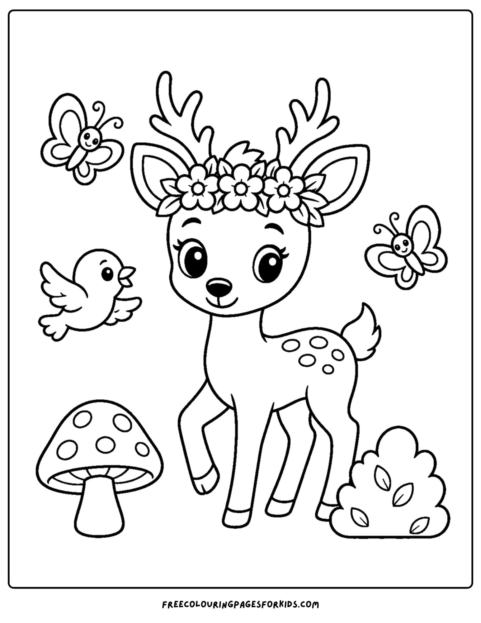 a whimsical coloring page of a deer wearing a flower crown