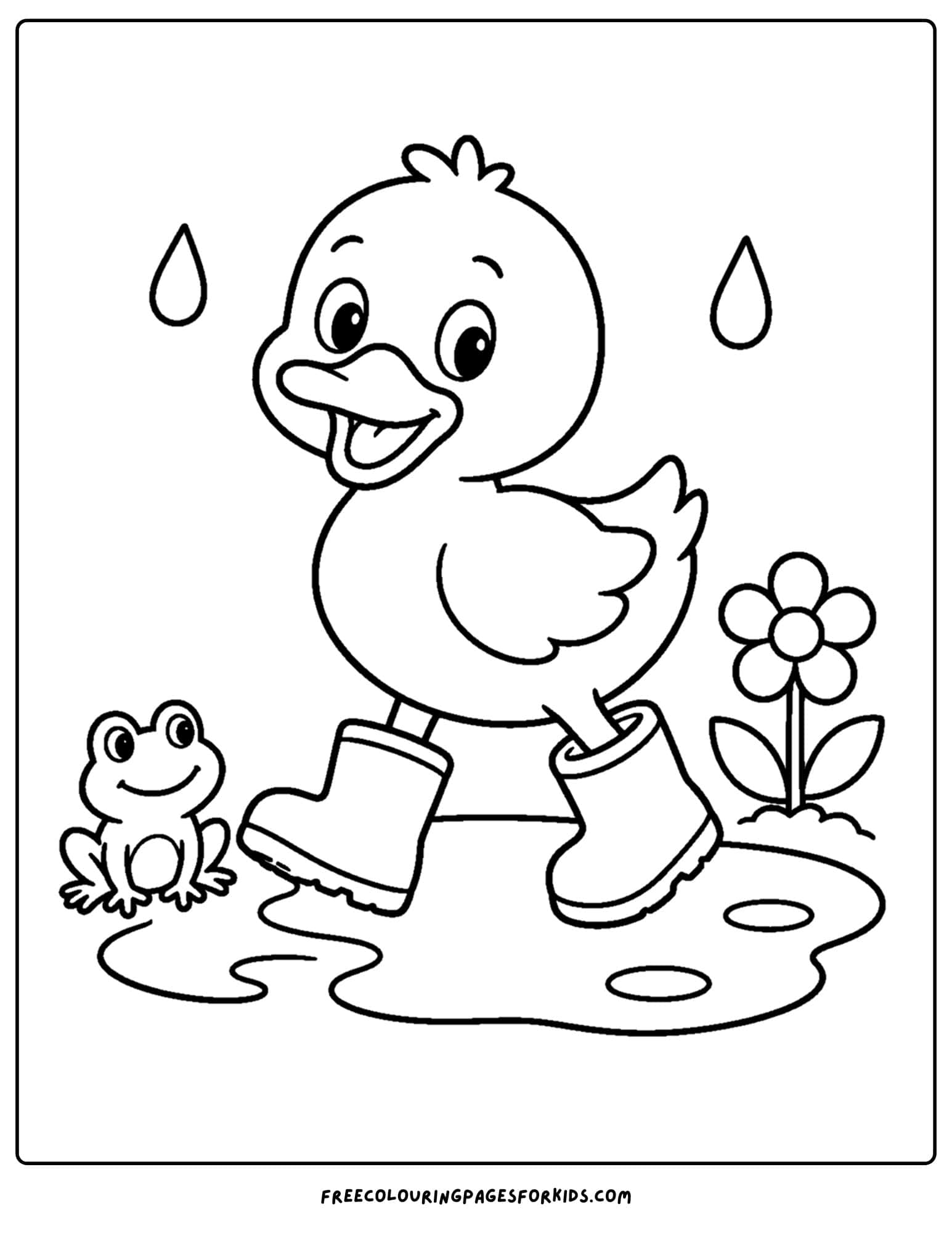 a whimsical coloring page of a duck in rain boots