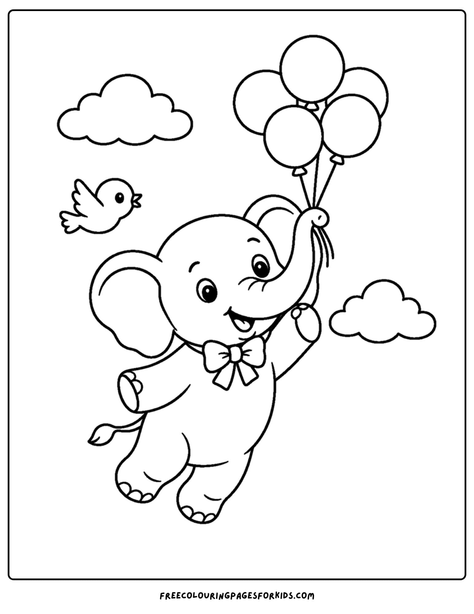a whimsical coloring page of an elephant floating in the sky with balloons