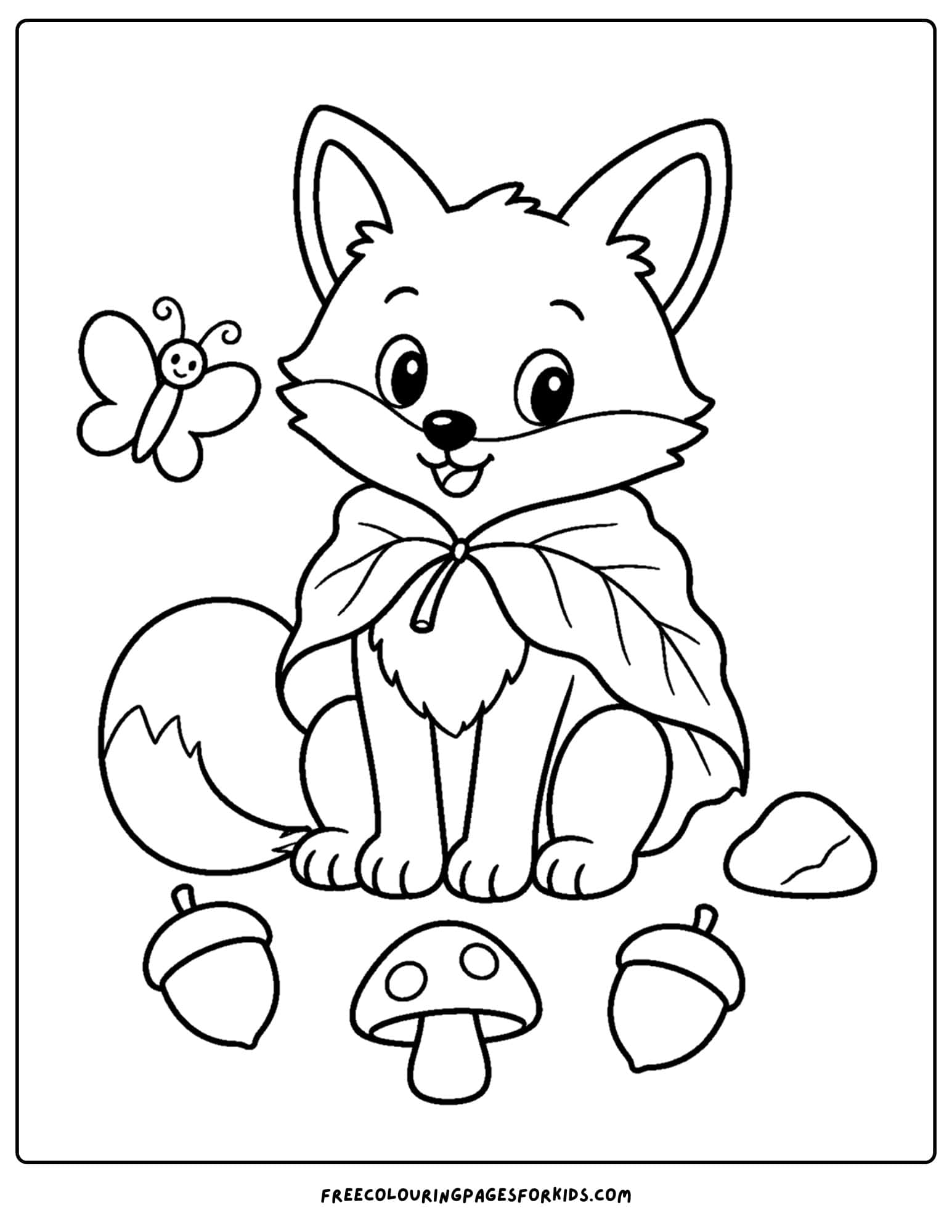 a whimsical coloring page of a fox wearing a leaf cape