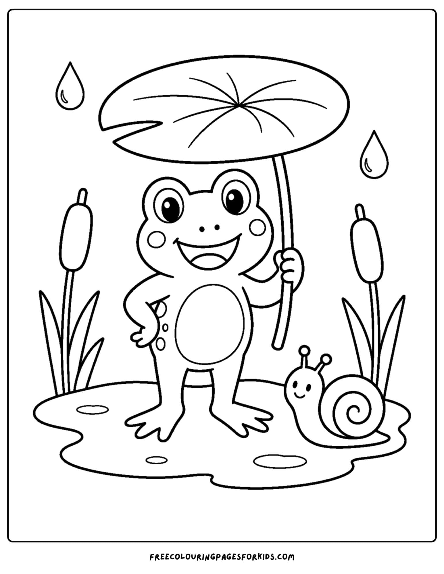 a whimsical coloring page of a frog using a lily as an umbrella