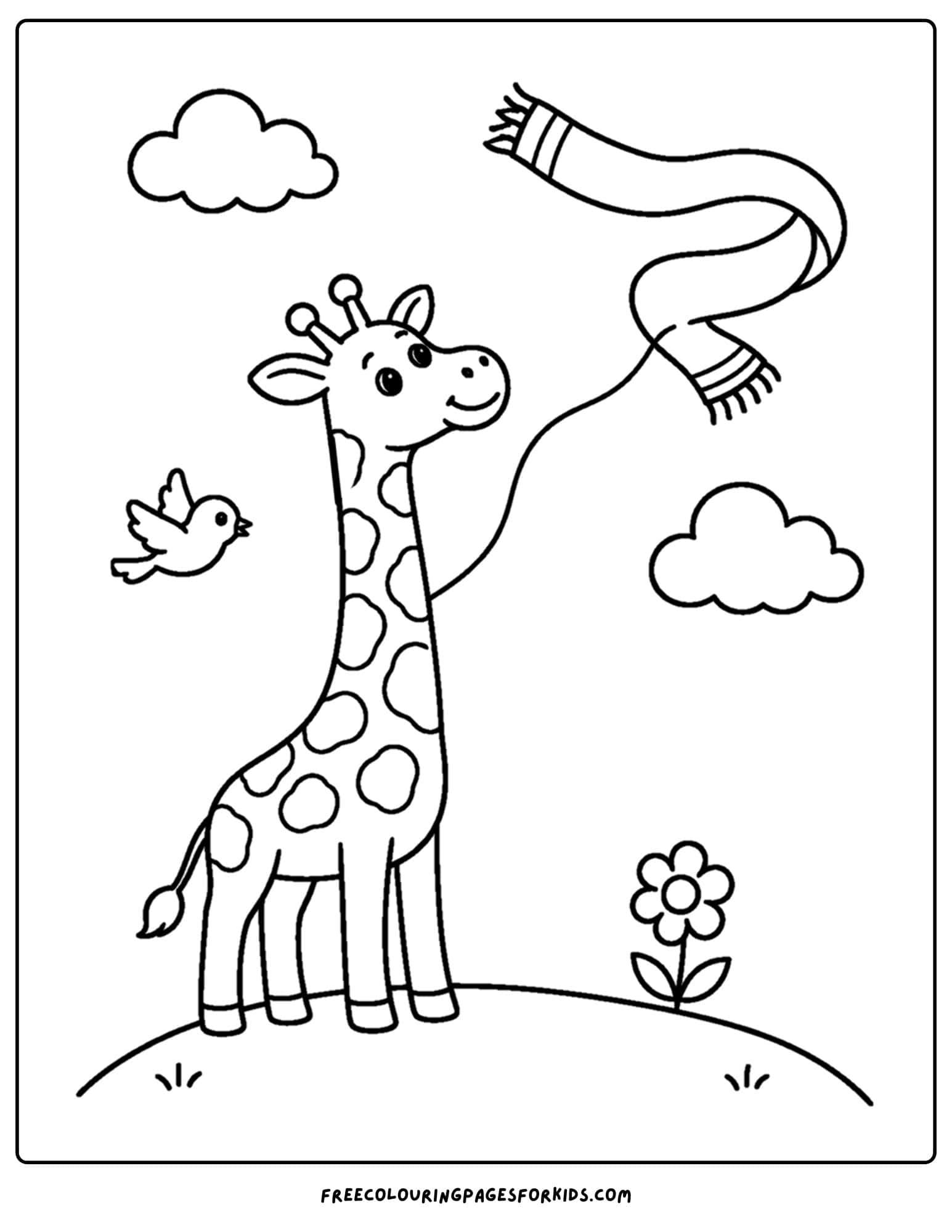 a whimsical coloring page of a giraffe with its scarf flying away