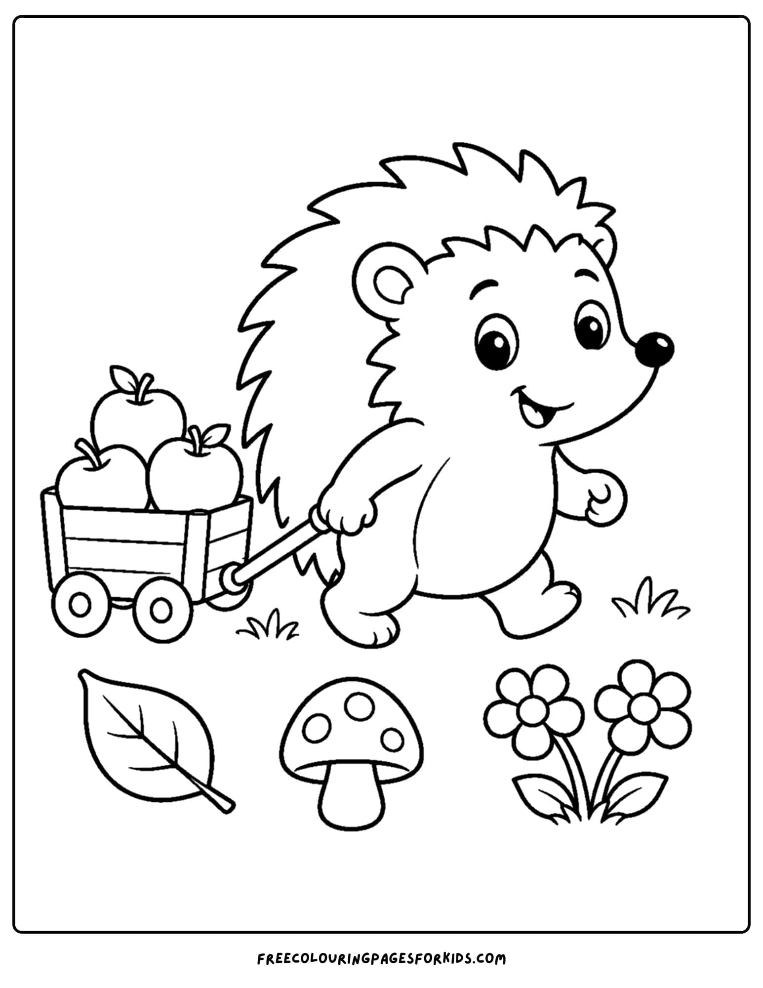 a whimsical coloring page of a hedgehog pulling a wagon of apples