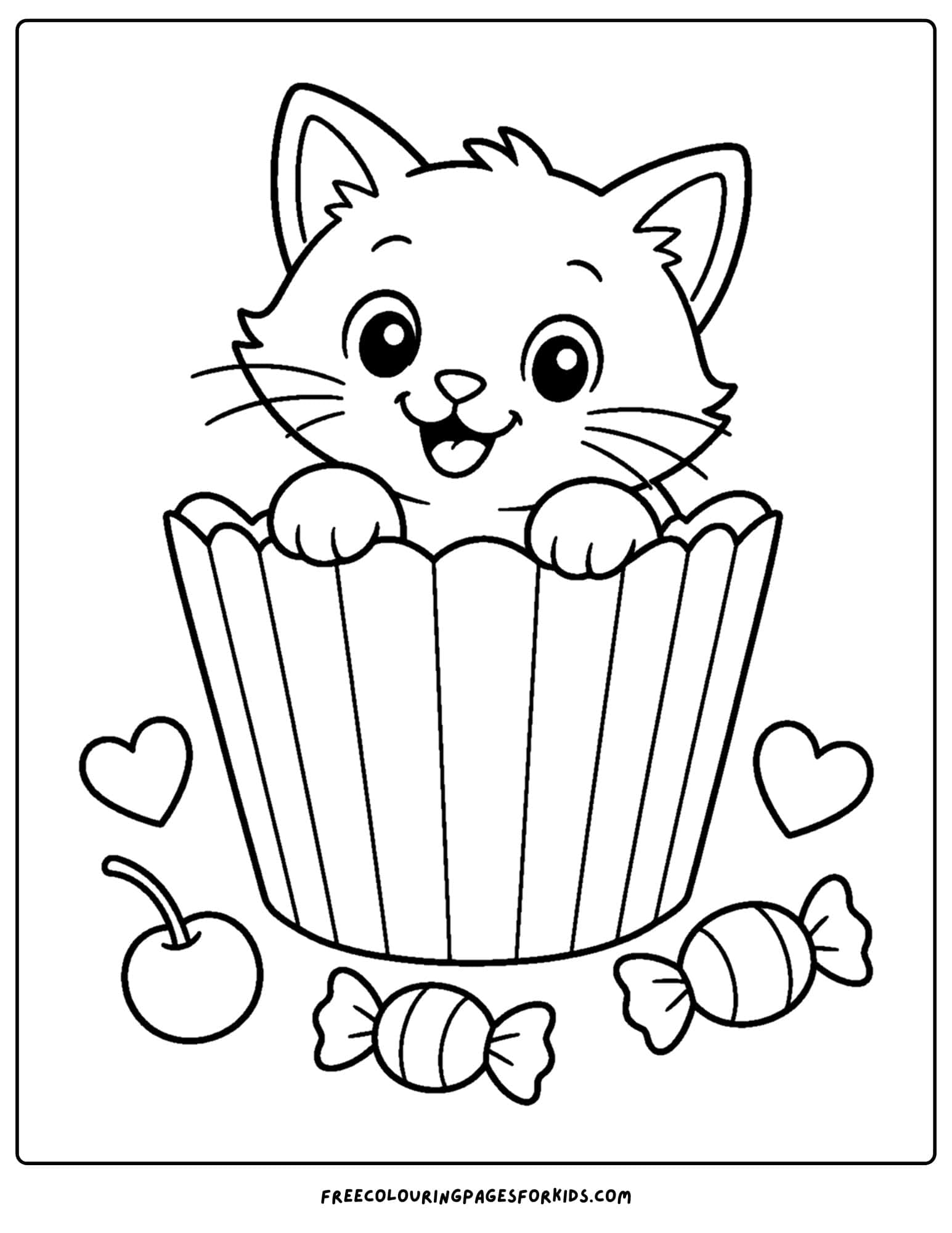 a whimsical coloring page of a kitten in a cupcake wrapper