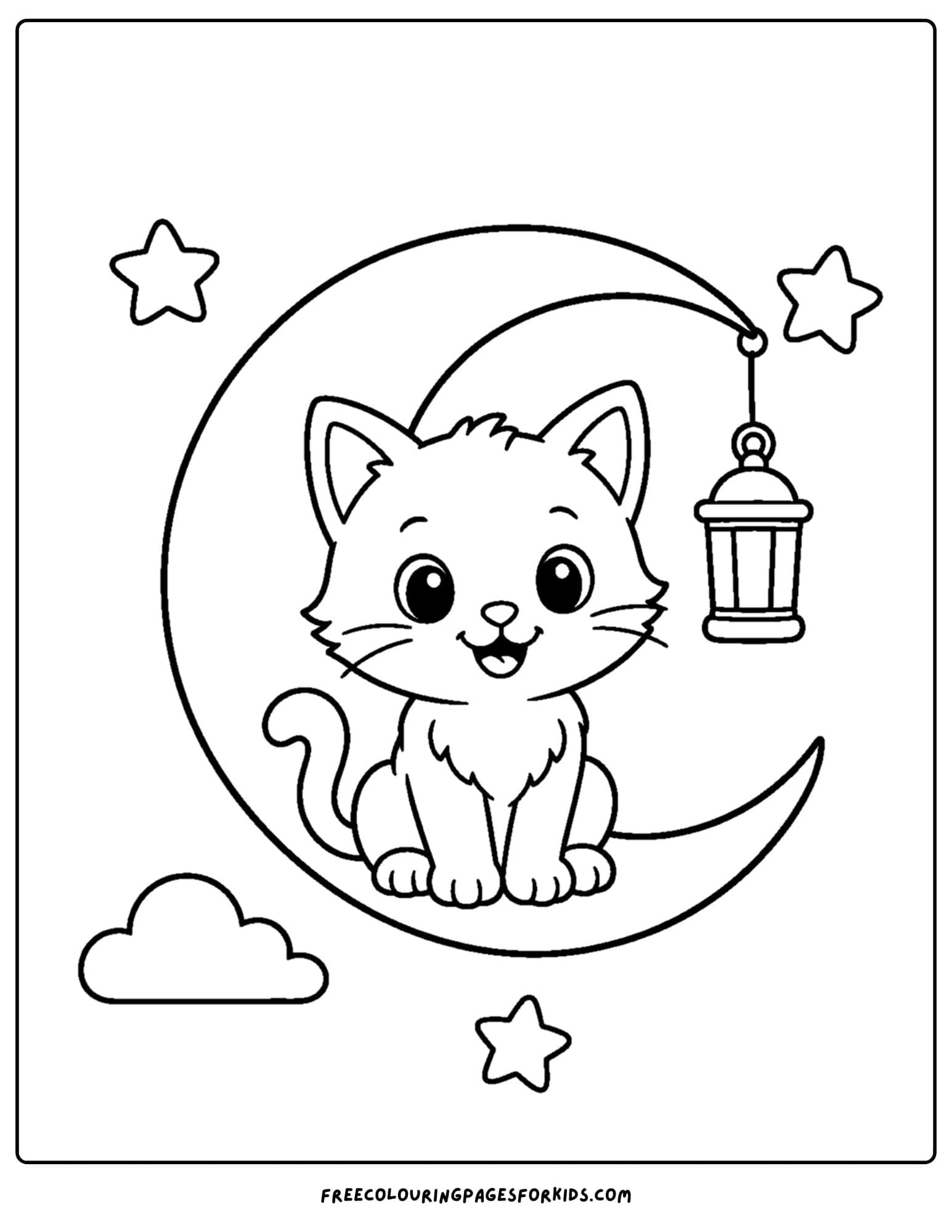 a whimsical coloring page of a kitten on the moon