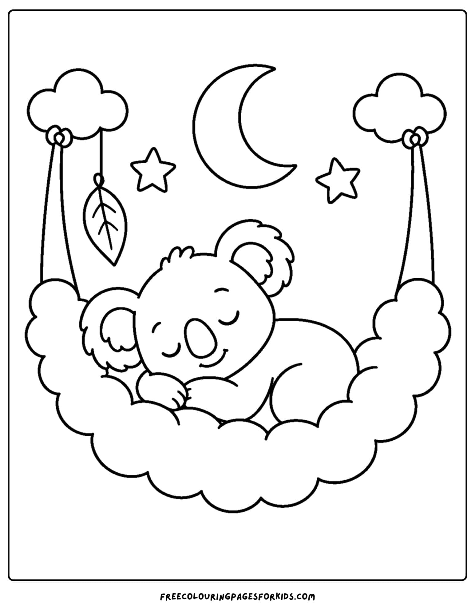 a whimsical coloring page of a koala sleeping in a cloud hammock