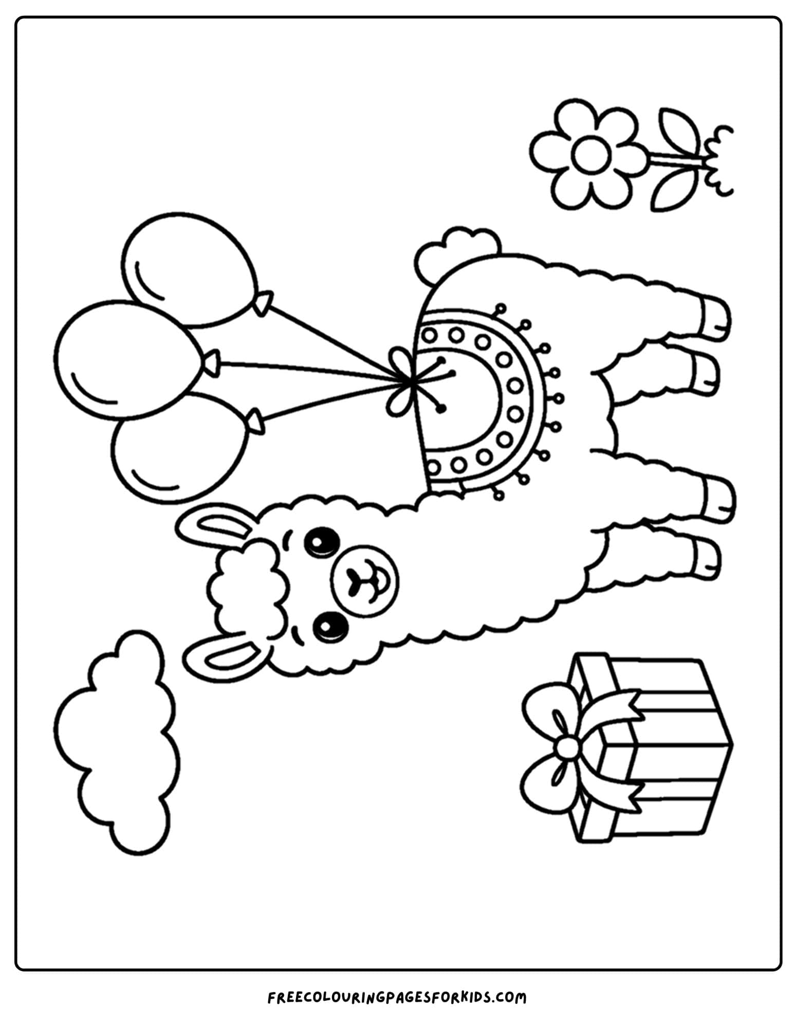 a whimsical coloring page of a llama with gift balloons