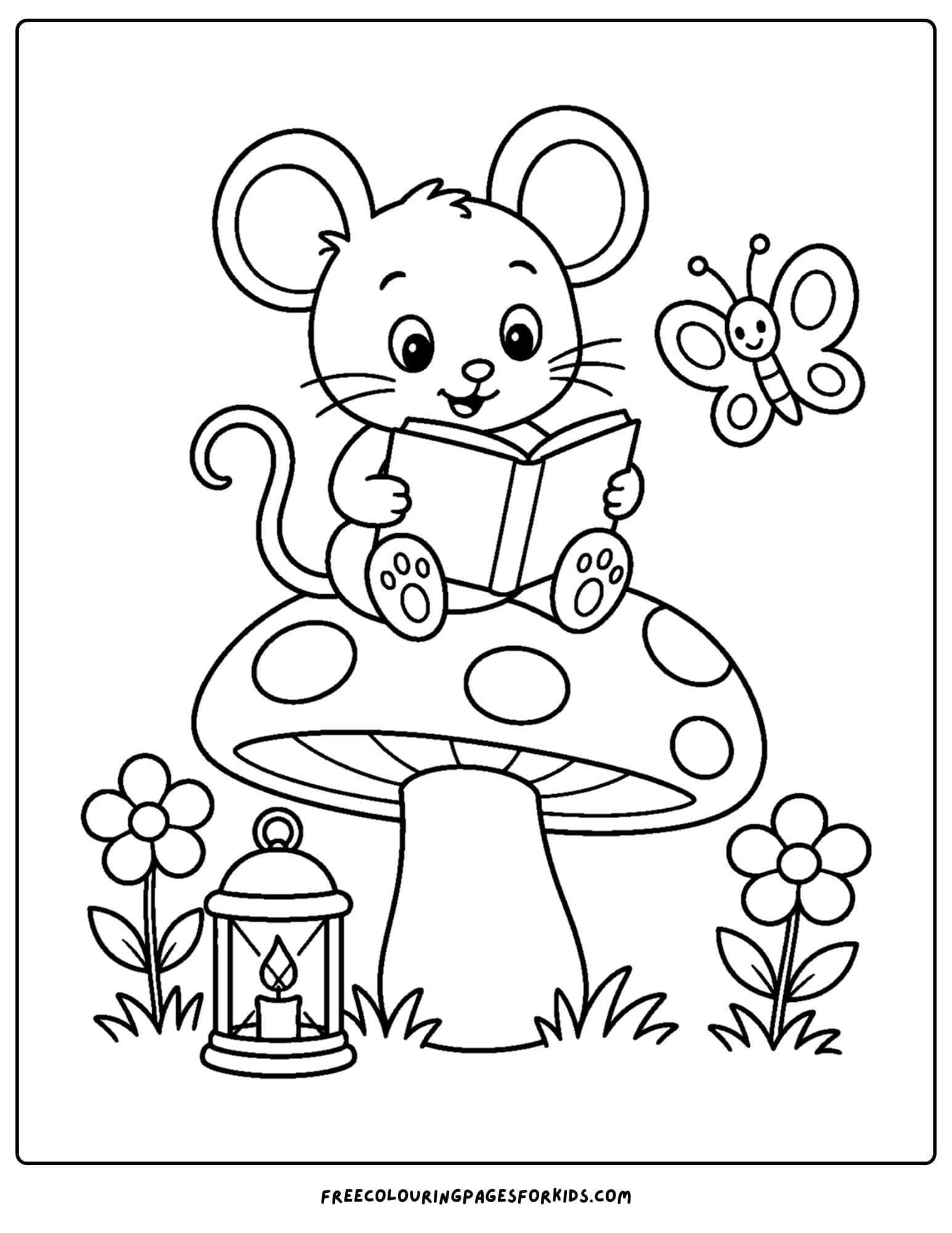 a whimsical coloring page of a mouse reading a book in a big mushroom