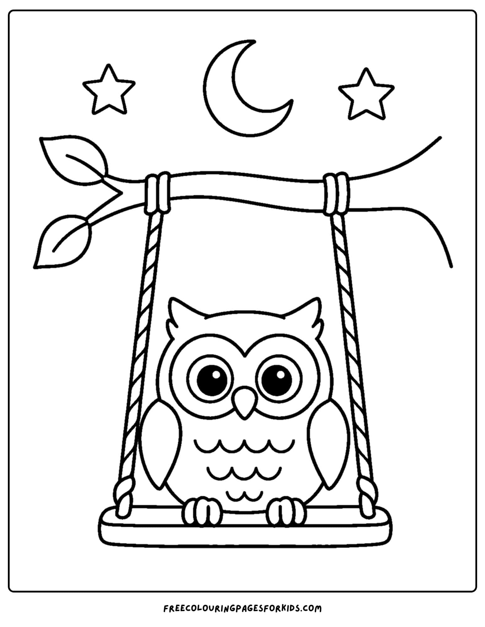 a whimsical coloring page of an own on a tree swing