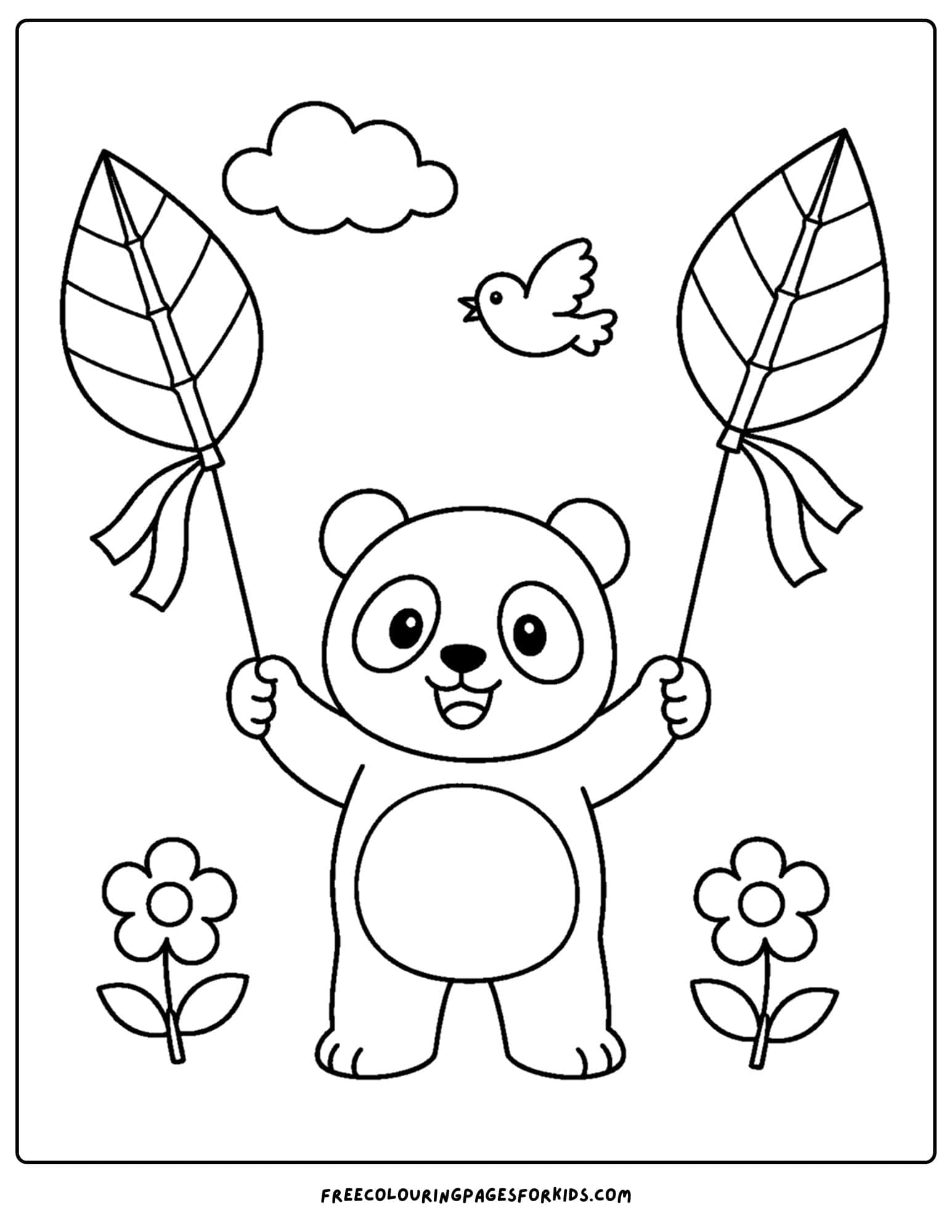 a whimsical coloring page of a panda waving bamboo