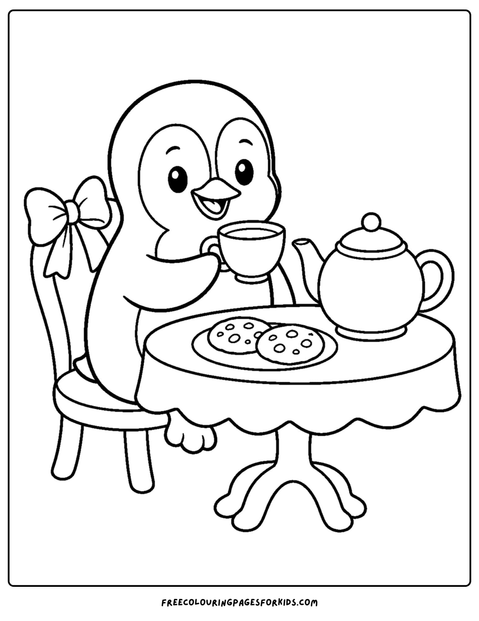 a whimsical coloring page of a penguin having a tea party